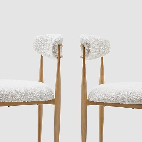 Miniatura 5 de Morden Fort Juego de 2 sillas de comedor tapizadas modernas, sillas de comedor blancas Boucle con patas de grano de madera y marco de metal para