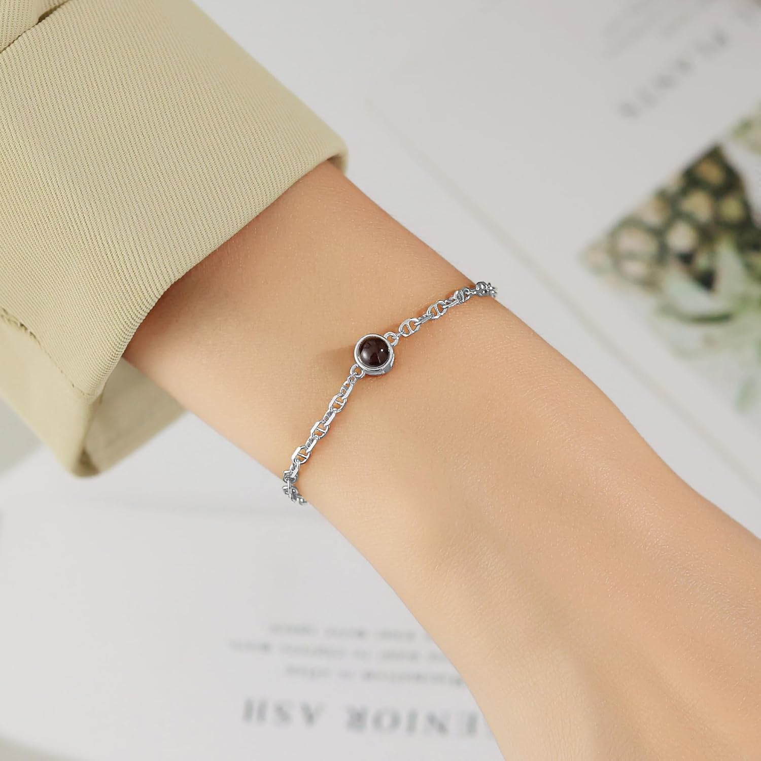 925 Sterling Silver Picture Bracelet Personalized Photo, Custom Projection Bracelet Adjustable Memorial Gift for Birthday, Anniversary, Graduation with Gift Box