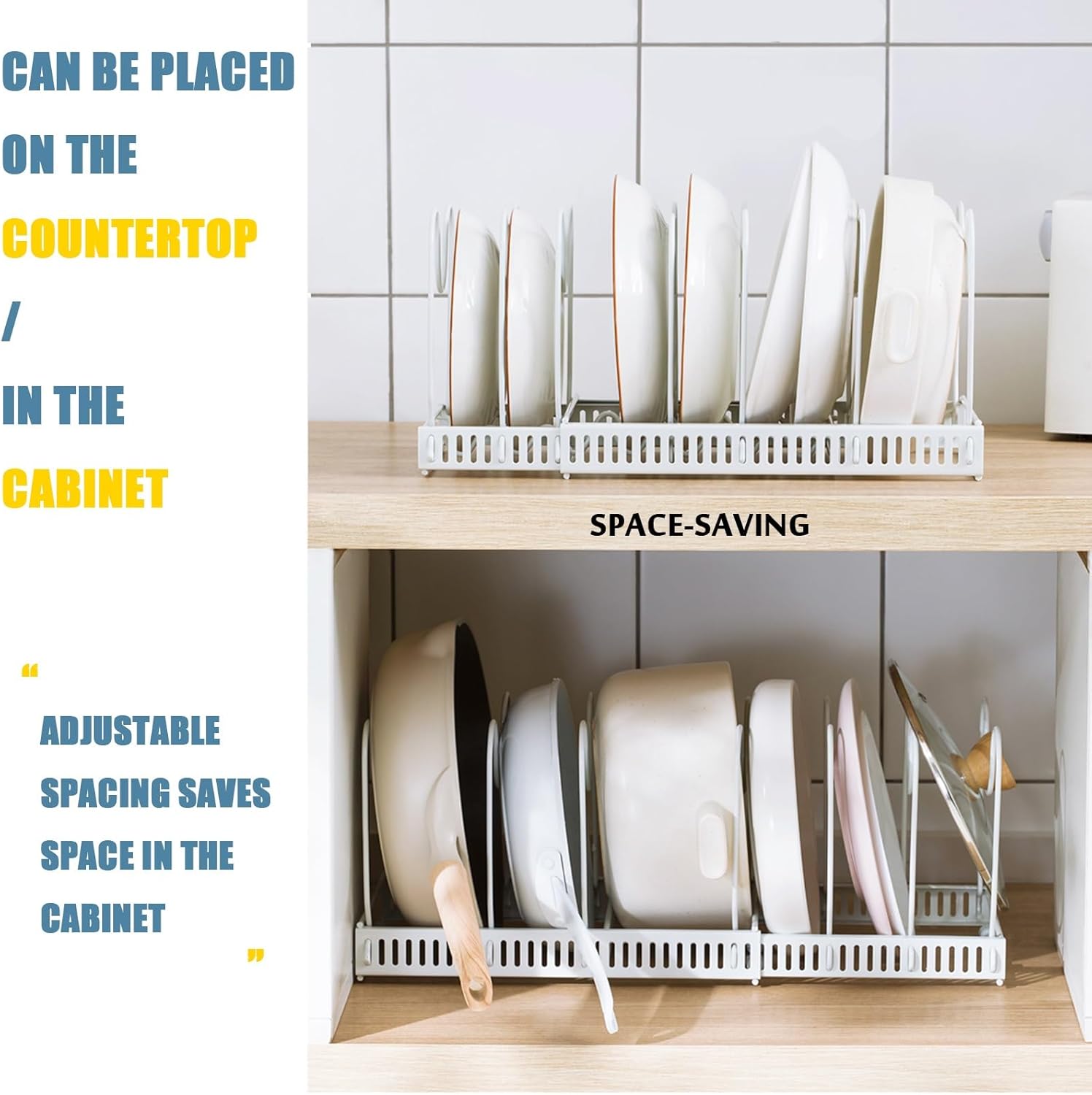 Kitchen Shelf, Kitchenware Storage Rack, Dish Rack, Pot Rack, Pot Lid Rack, Multi Functional Utensil Rack, Adjustable Telescopic, Suitable for Home Kitchen(White Pot Rack)