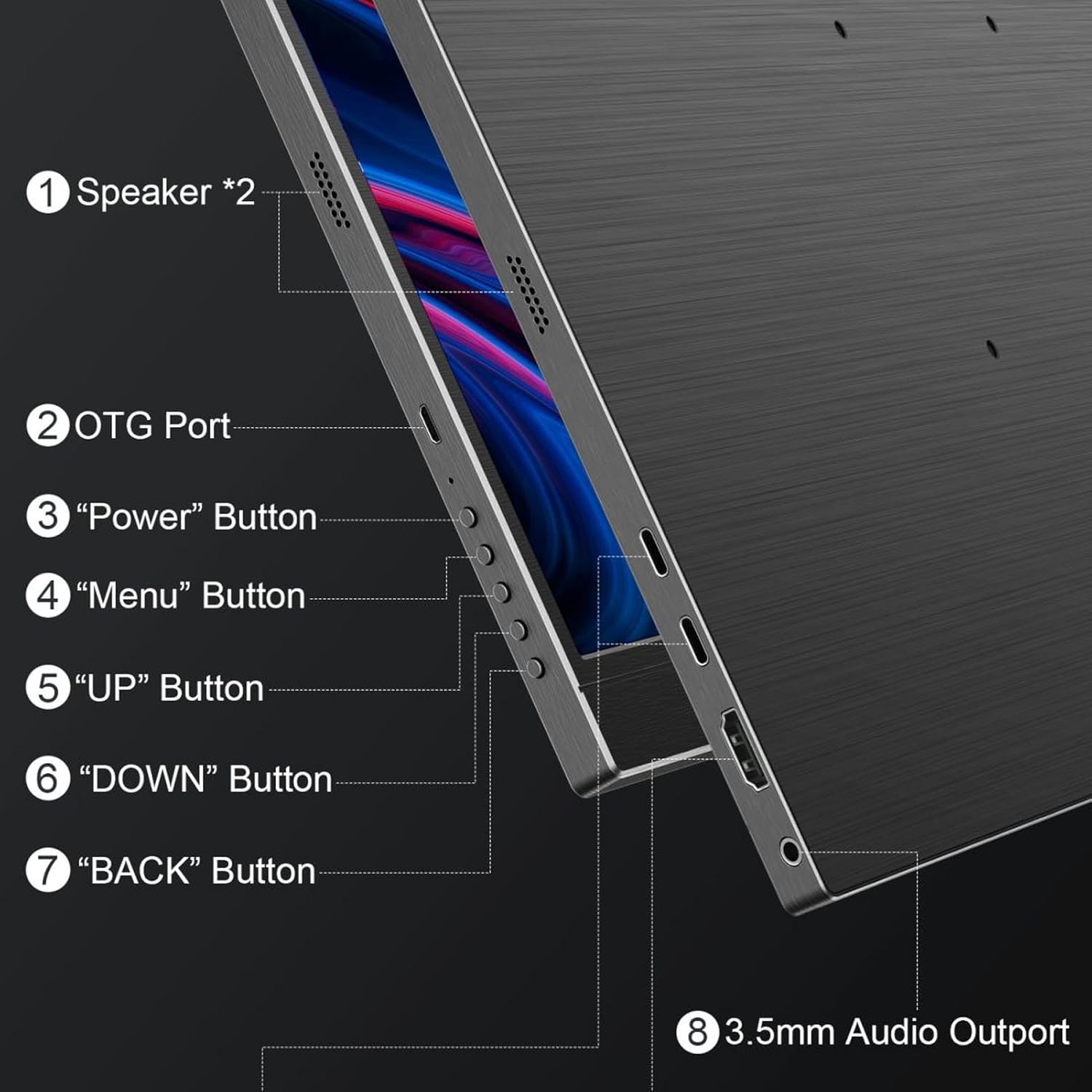 Diagram showing the location of speakers, OTG port, Power button, Menu button, Up button, Down button, Back button, and 3.5mm Audio Outport on the side of the monitor.