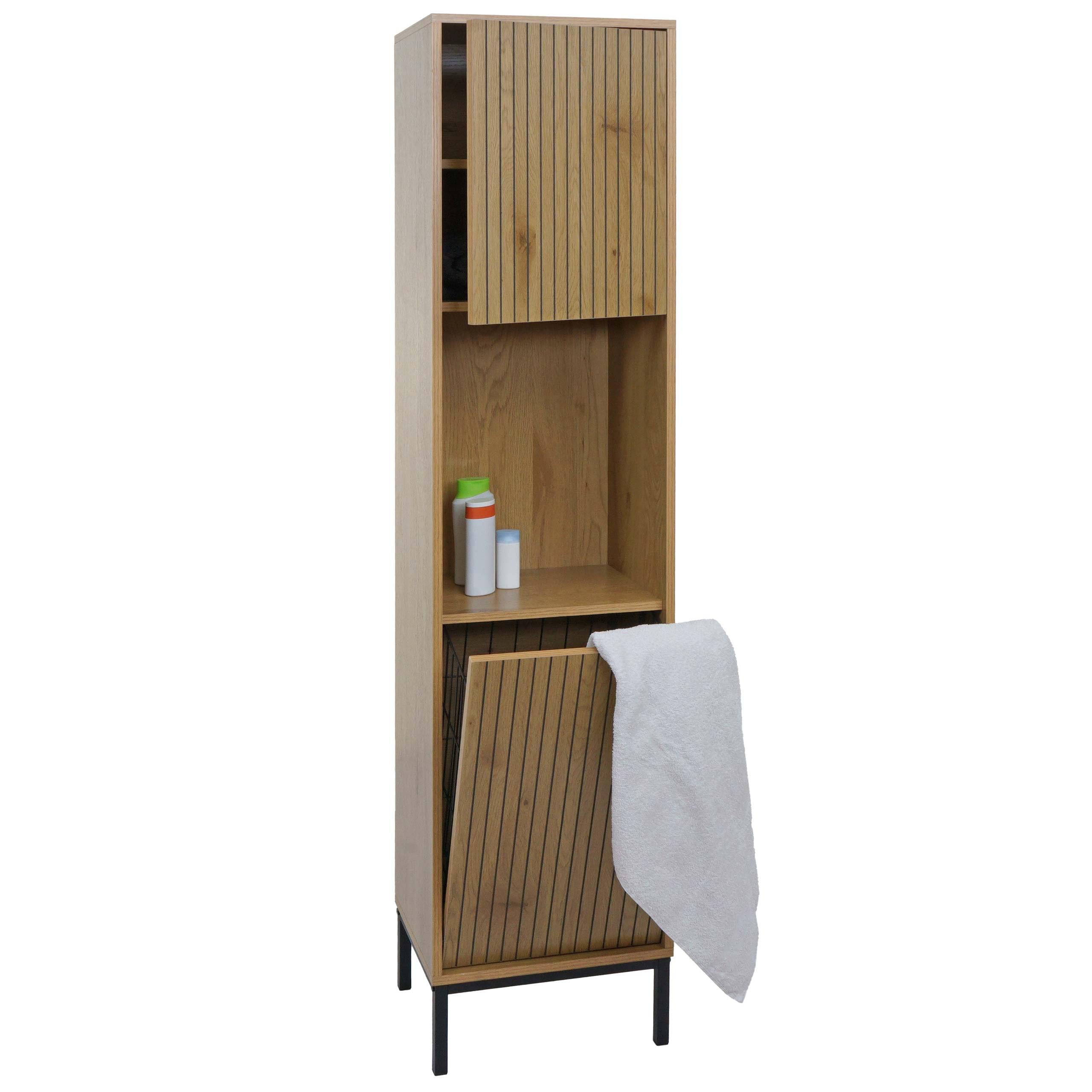 Mendler Hochschrank HWC-O42, Badschrank Badregal Badezimmer Schrankfächer Wäschekorb, MDF Melamin 174x39x30cm - Holzoptik Natur