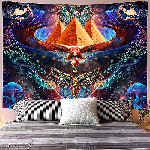 Miniatura 6 de Aidatain Tapiz de franela de mitología egipcia con diseño de pirámide de ojos de Horus y hongos, tamaño grande de 80 x 60 pulgadas para dormitorio