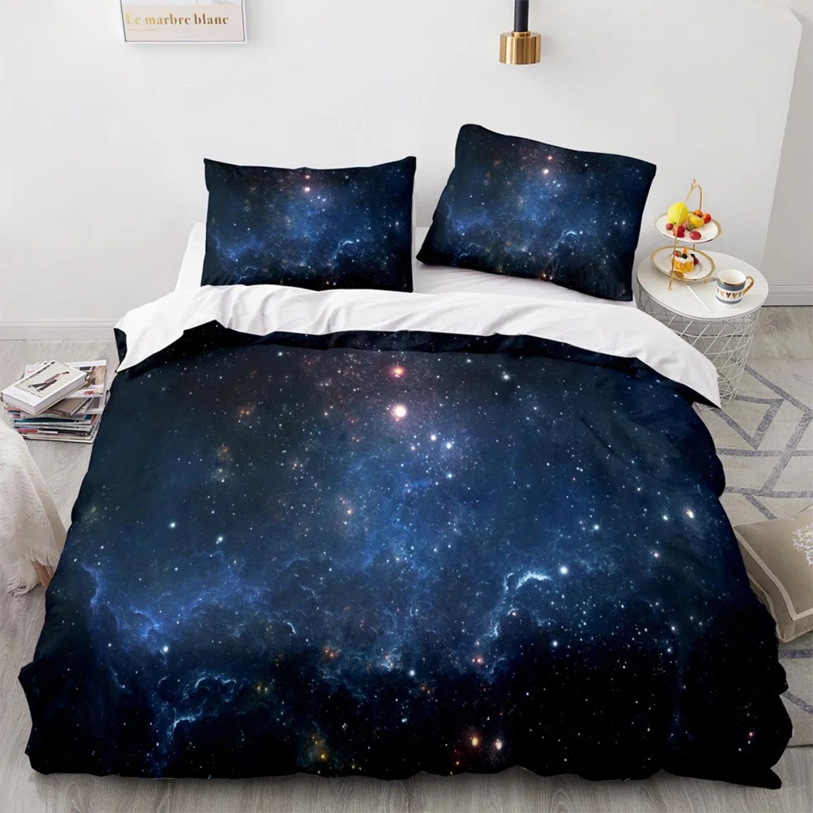 Housse de couette ciel étoilé anti-plis en literie polyester doux bleu 135x200
