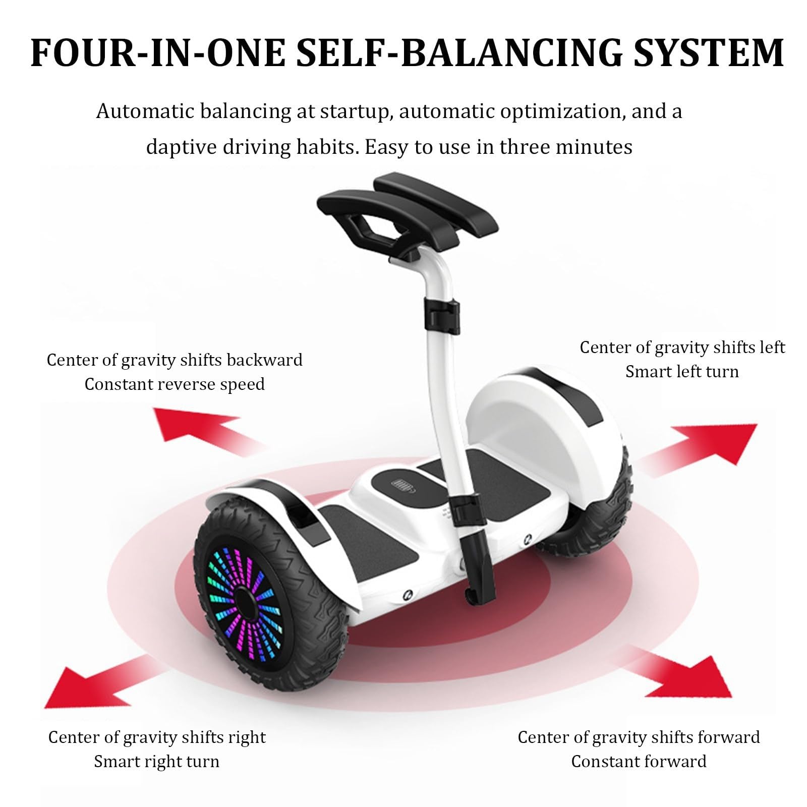 Trottinette Électrique Auto-équilibrée, 10'' Roues LED Tout-terrain, Commande Par Les Jambes/Mains Et APP, Hauteur Réglable, 54V Trottinette Auto-équilibrée, Musique Bluetooth, Charge 130kg(White)