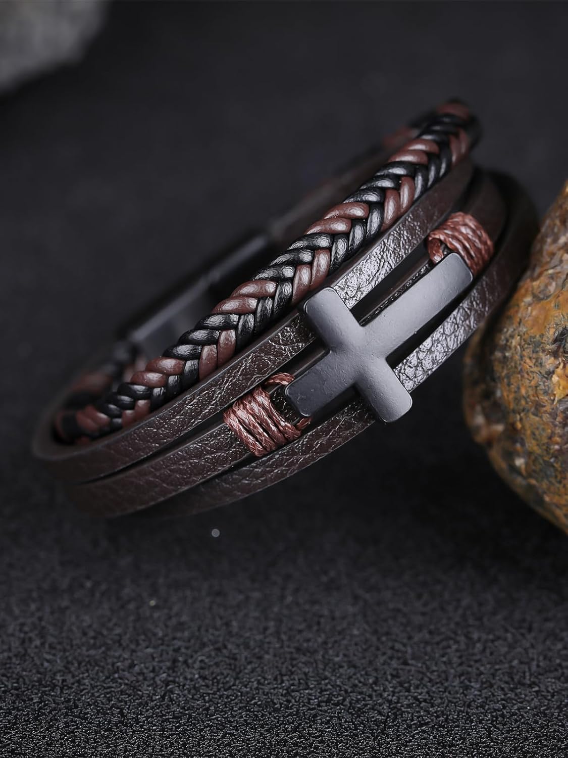 Mens Leather Cross Bracelet Braided Multi Layer Wristband with Stainless Steel Clasp - Christian Religious Gifts for Him(Brown/Black/Blue) - Image 4