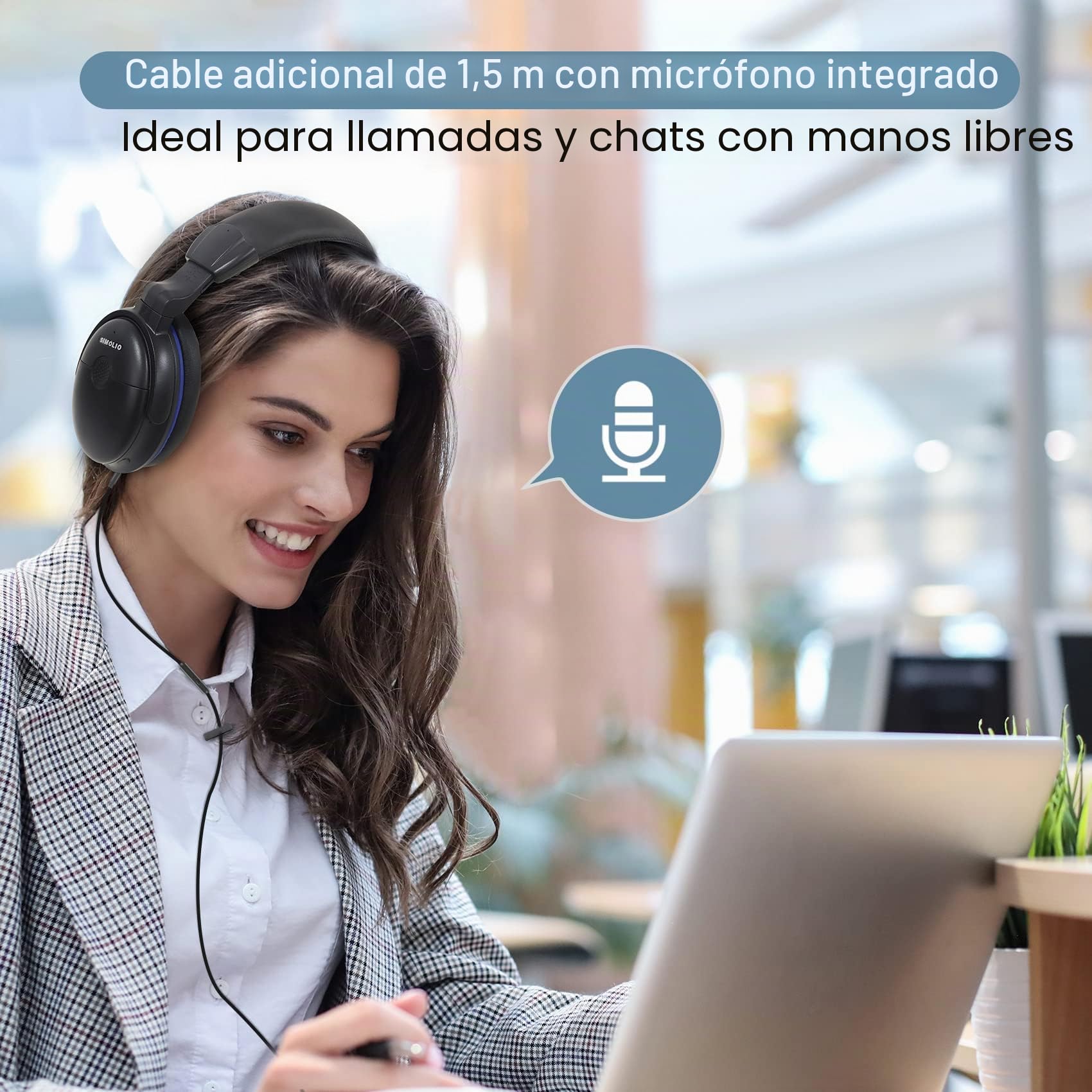 SIMOLIO Auriculares con cable extra largo para TV, amplificación de volumen y diálogo claro, cable de bobina de 5,5 m, auriculares sobre la oreja para personas mayores