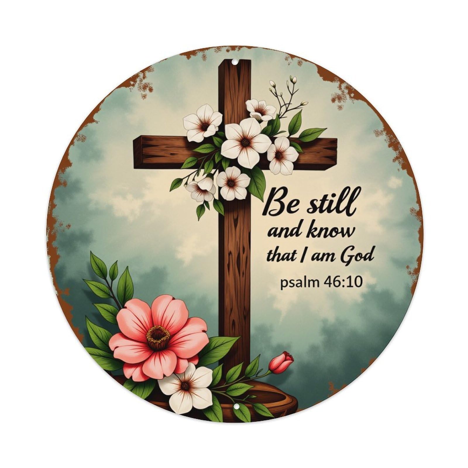 Cross Flowers Sky Text Scripture Round Tin Sign Vintage Metal Poster, Home Bar Garage Man Cave Cafe Indoor & Outdoor Wall Decoration 8x8Inches
