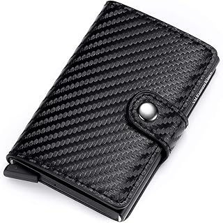 VM FASHION KISS Men Credit Card Holder RFID Blocking Leather Vintage Aluminum Business Wallet (black, Carbon fiber)
