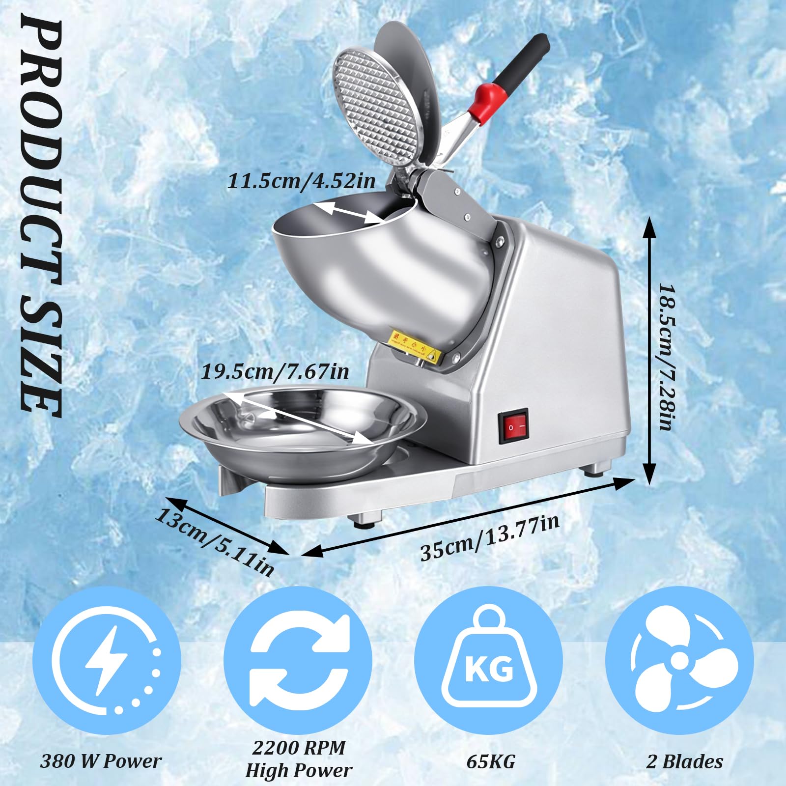 Picadora de Hielo Eléctrica, 380W 2200rpm Trituradora de Hielo 65kg/h con 2 Cuchillas de Acero Inoxidable - Máquina para Granizados, Batidos, Bebidas Frías y Té con Leche