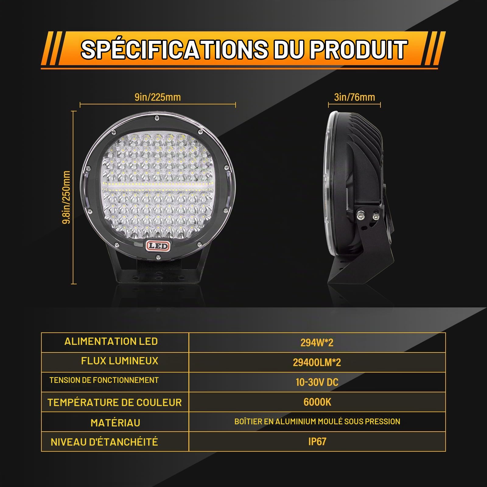 AUXTINGS 2 pièces 9 pouces 294W LED Pods Light Bar Noir Rond 24000Lm Étanche Spot Faisceau Led Lumière de Travail Hors Route Lumières Conduite Lumière pour Camion SUV ATV Tracteur Bateau