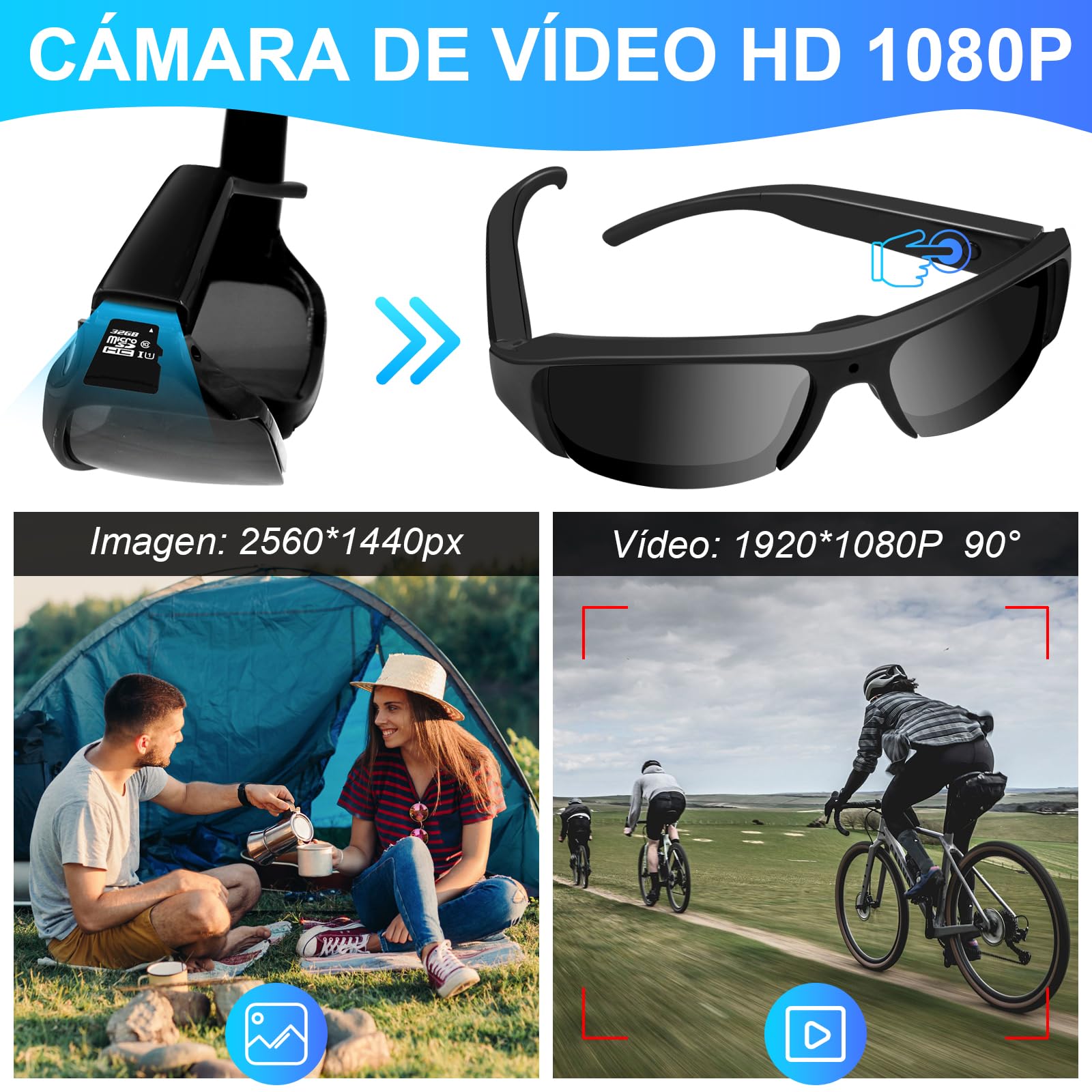 Cámara Deportiva con Gafas de Sol HD 1080P, Mini Cámara de Acción con Gafas