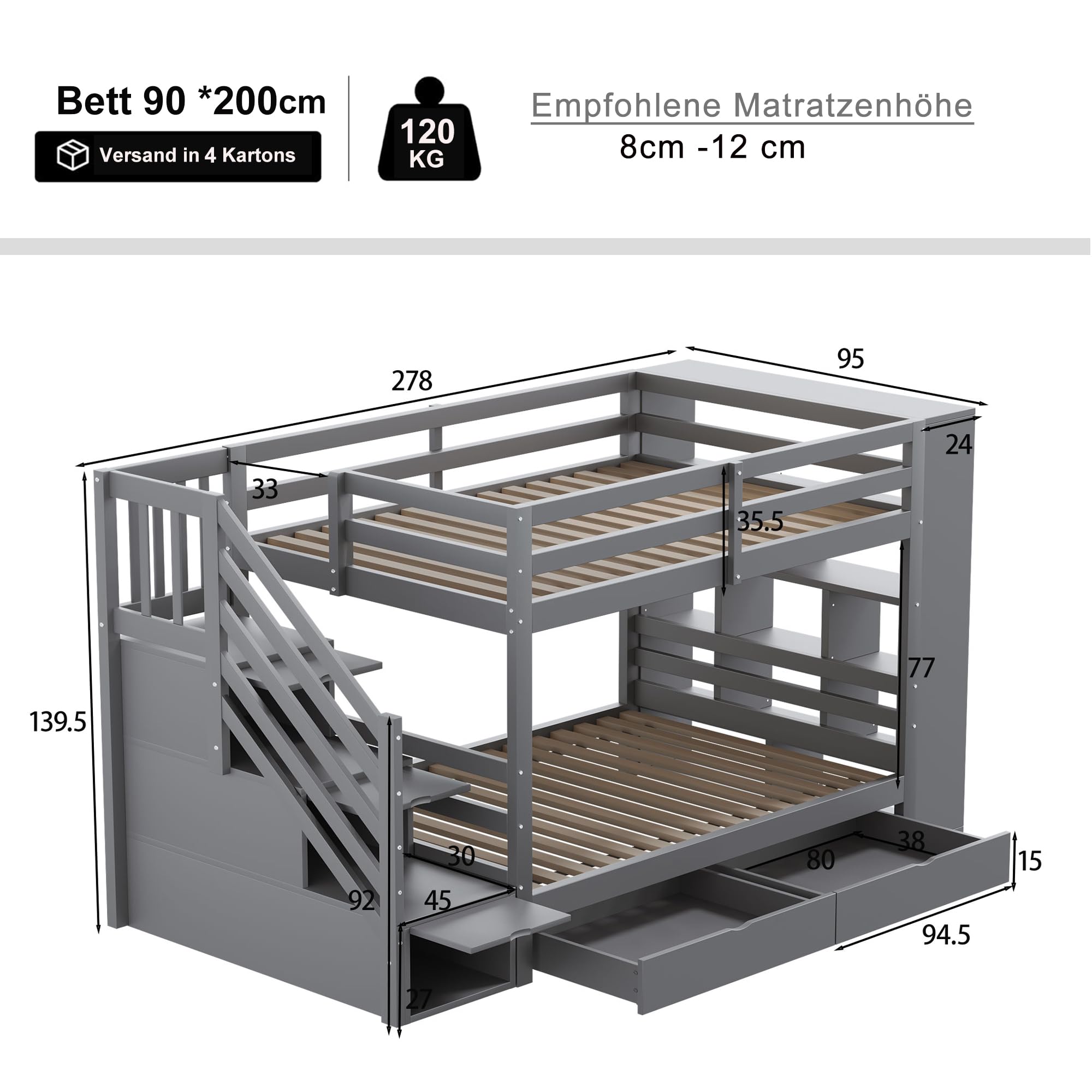 Etagenbett 90×200,Kinderbett mit Stauraum Treppe,Jugendbett mit 2 Schubladen/großen Schließfächern/Sicherheitszaun Kiefernbett mit Lattenrost,ohne matratz (Grau)