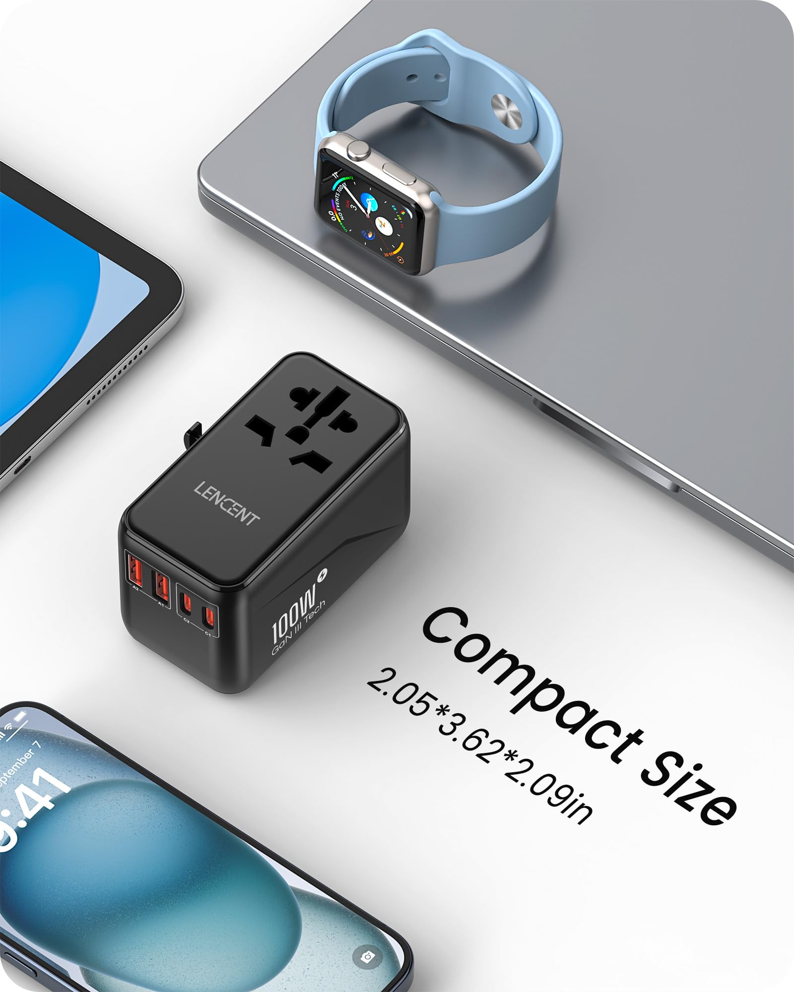 LENCENT GaN3 100W Adattatore Universale da Viaggio, Caricatore Internazionale con 2 USB QC4.0 e 2 PD3.0 Tipo-C PPS Ricarica Veloce, Caricabatteria Mondiale per Telefono, Adattatore Spina USA/UK/EU/AU