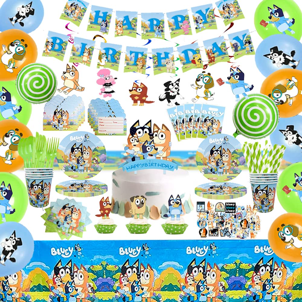 203PCS Blue Dogs Party Supplies, Blue Dogs Party Decorations, Stickers, Cups, Straws, Invitation Cards, Candy Foil Balloons, Gift Bags, Banner, Balloons, Tablecloth, Swirls, Tableware