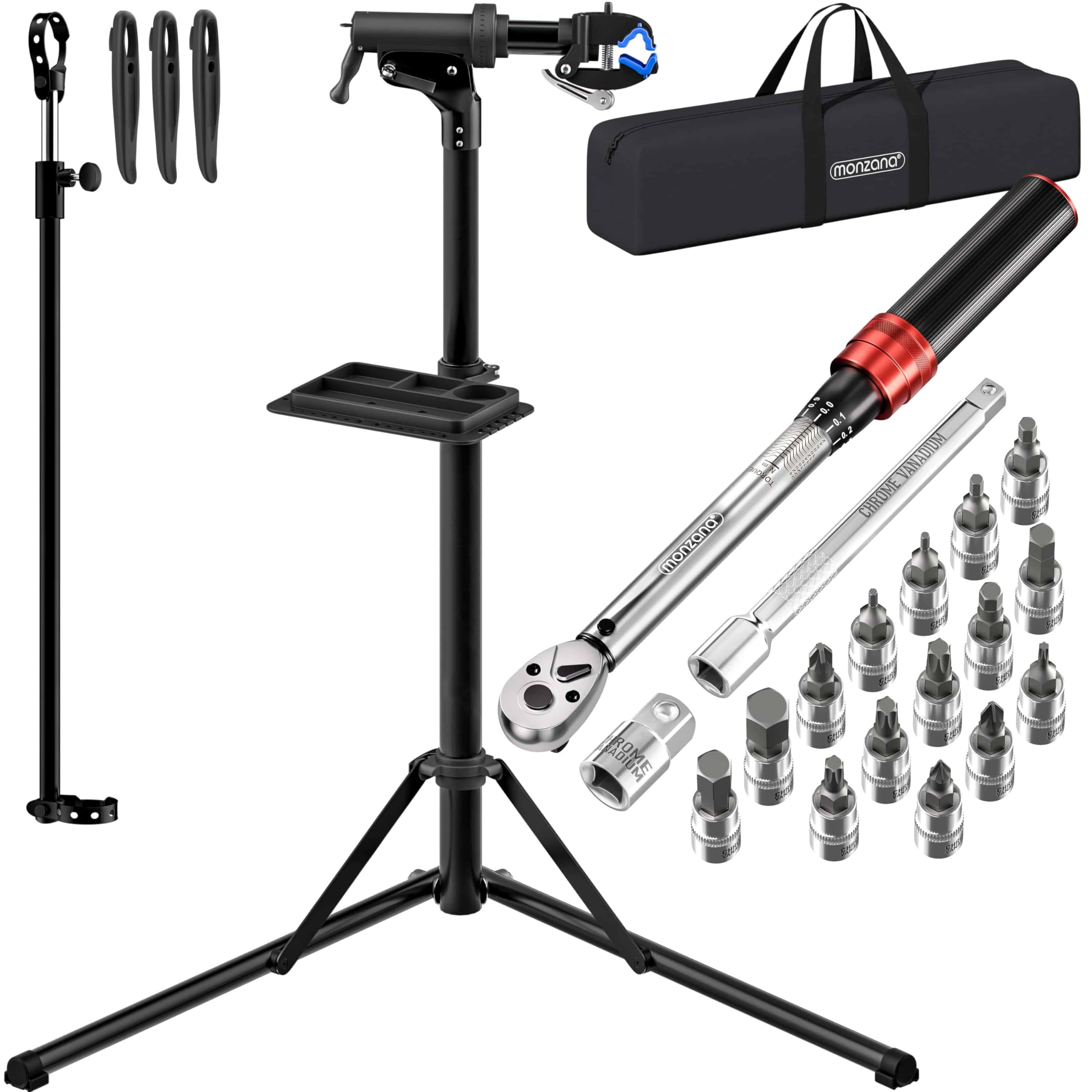 MONZANA® Pied d'atelier vélo Pliable 30/50kg clé dynamométrique 1/4' 1-25 Nm 18 pcs boîte Sac de Rangement Pied de réparation vélo électrique Support VTT