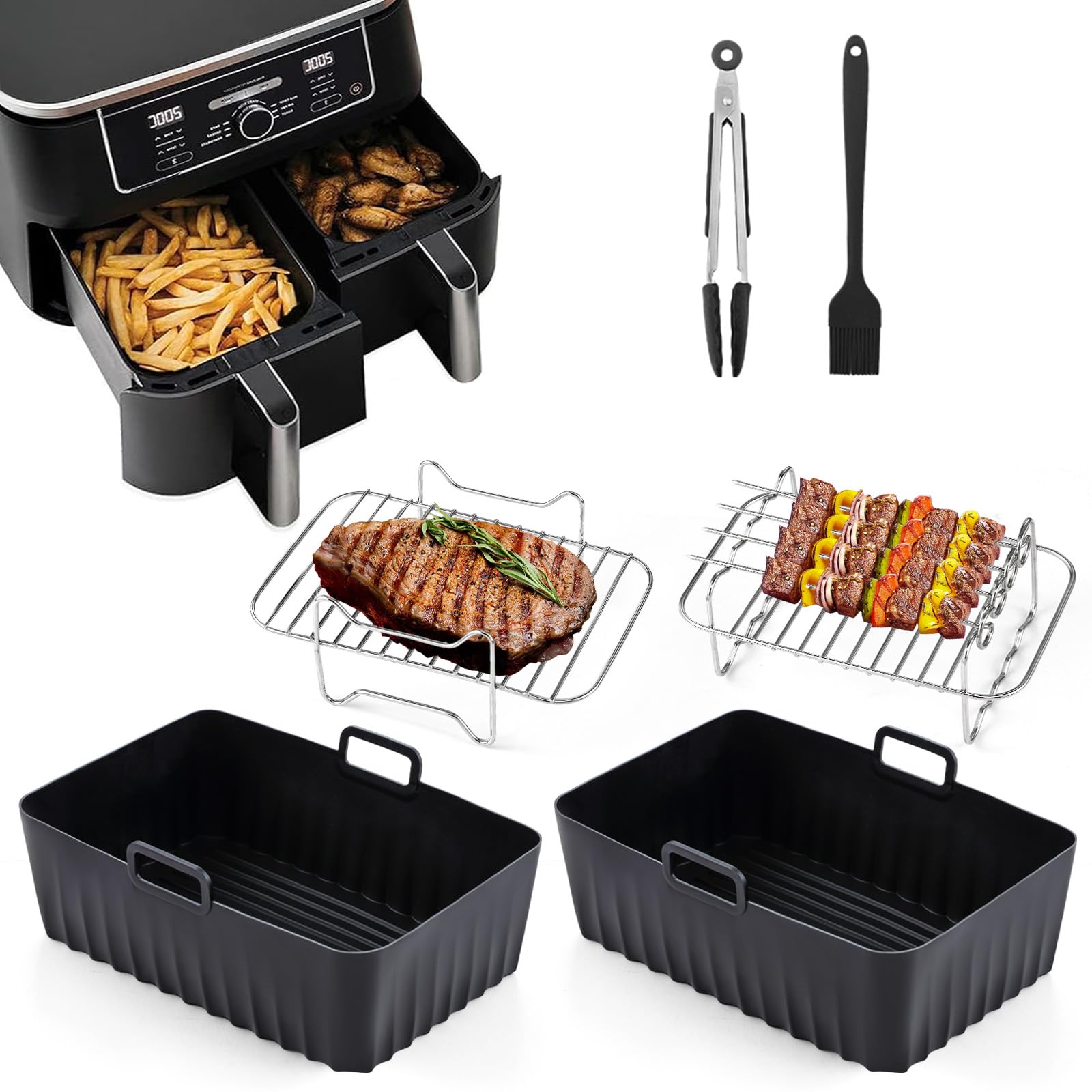 Hunnycook Silicone Air Fryer Liners for Ninja - 10Pcs Air Fryer Accessories Set for Foodi Air Fryer AF300UK/400UK, 2* 7.6L-9.5L Ninja Dual Zone Air Fryer Accessories, Including Racks, Oil Brush, Tong
