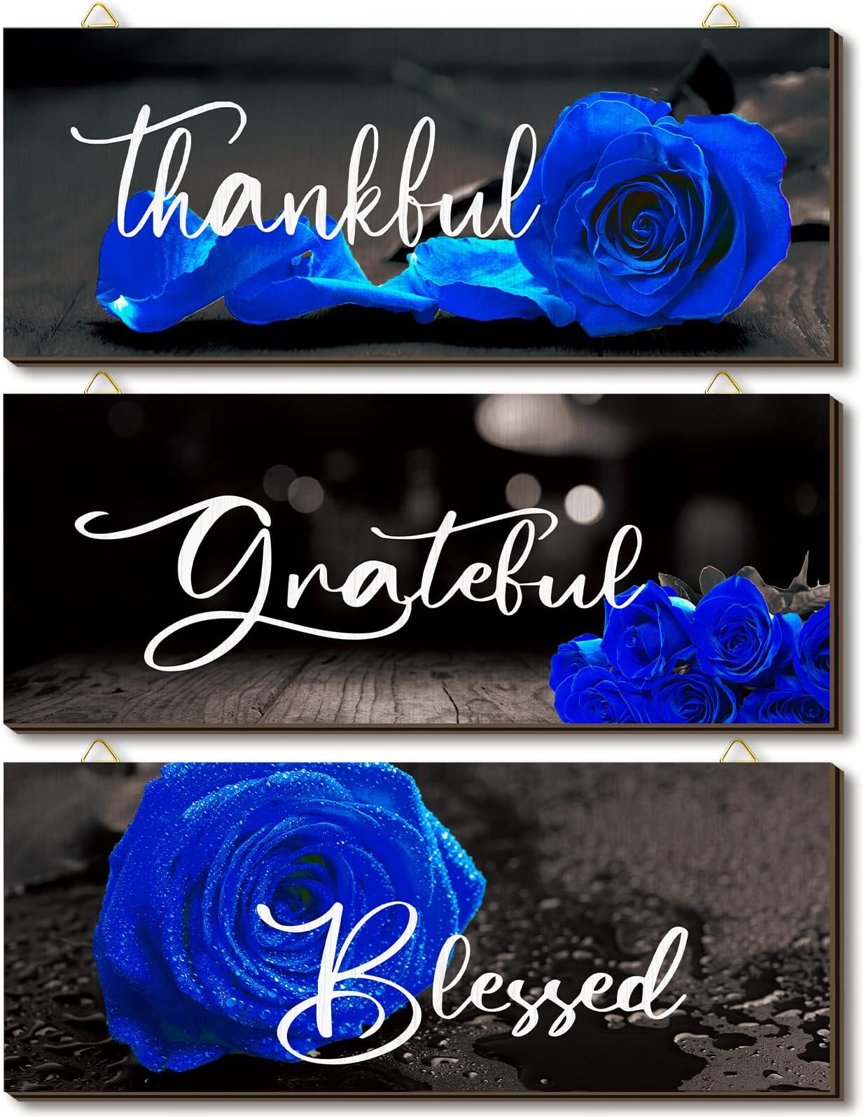 Hillban 3 Pieces Rose Wooden Wall Decor Thankful Grateful Blessed Wooden Signs Inspirational Wall Art Signs Wedding Decor for Room Kitchen Bathroom(10 x 4 Inch,Blue)