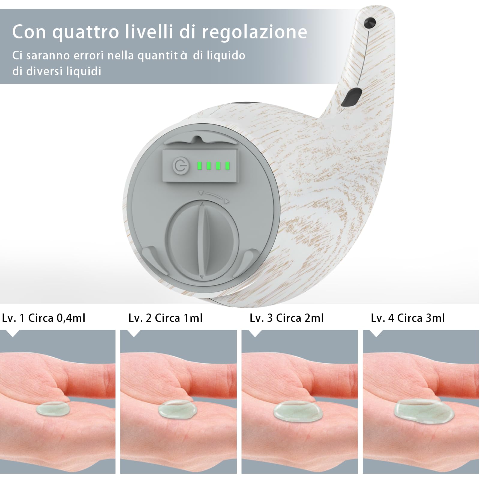Dispensatore Automatico Sapone Senza Contatto 300ml Sensore 4 Livelli,Impermeabile IP65,alimentato a batteria,Design Cucina/Bagno, Compatibile con Liquido (400ml Grana di legno bianca)