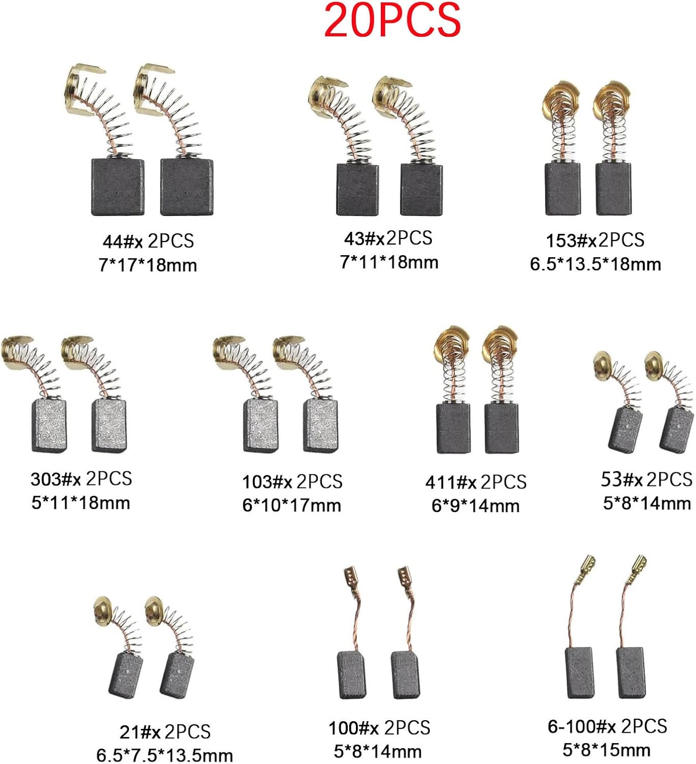 Electric Tool Carbon Motor Brushes, 20 Pcs Electric Motor Carbon Brush Multiple Sizes