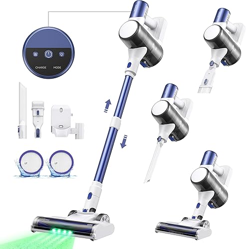 Ultenic Aspiradora inalámbrica, 45 KPa 500 W, motor de palillo recargable, luz verde para detección de polvo, diseño de pie con taza de polvo de 1.5