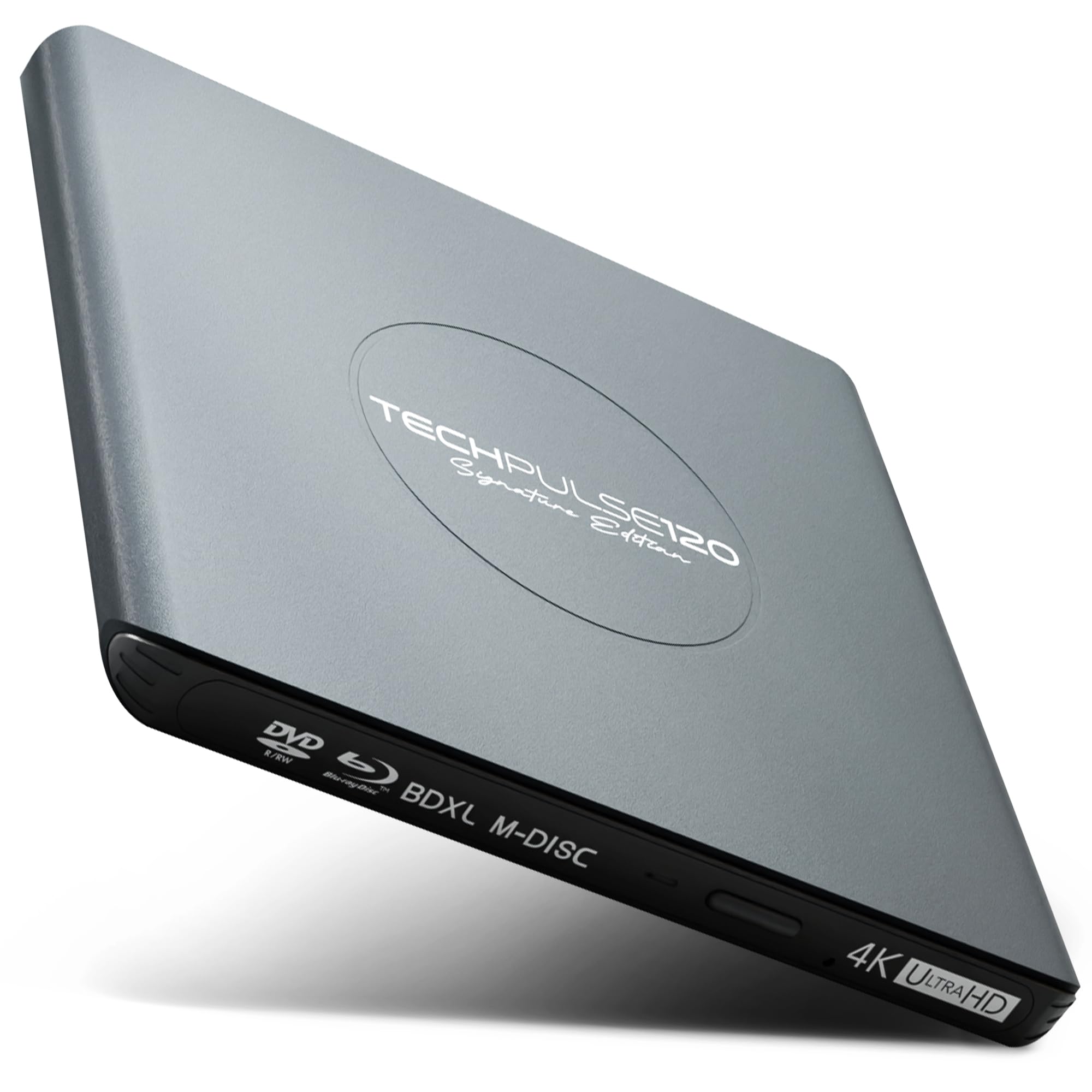techPulse120 Externes USB 3.1 USB-C UHD 4k 3D M-DISC Blu-ray DVD CD HDR10 128GB Laufwerk Brenner Burner Signature Paket Tasche 90cm Anschlusskabel Aluminium (Grau)