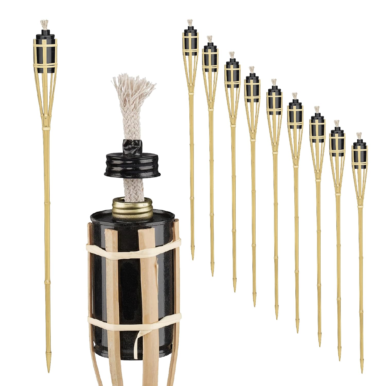 Crisalide® - Torce ad Olio in Bambù per Giardino – Fiaccole Decorative da Esterno con Serbatoio in Metallo e Stoppino – Ideali per Patio, Vialetti e Piscina – Set 5 o 10 Pezzi (10, 120 Cm - 0,625 L)