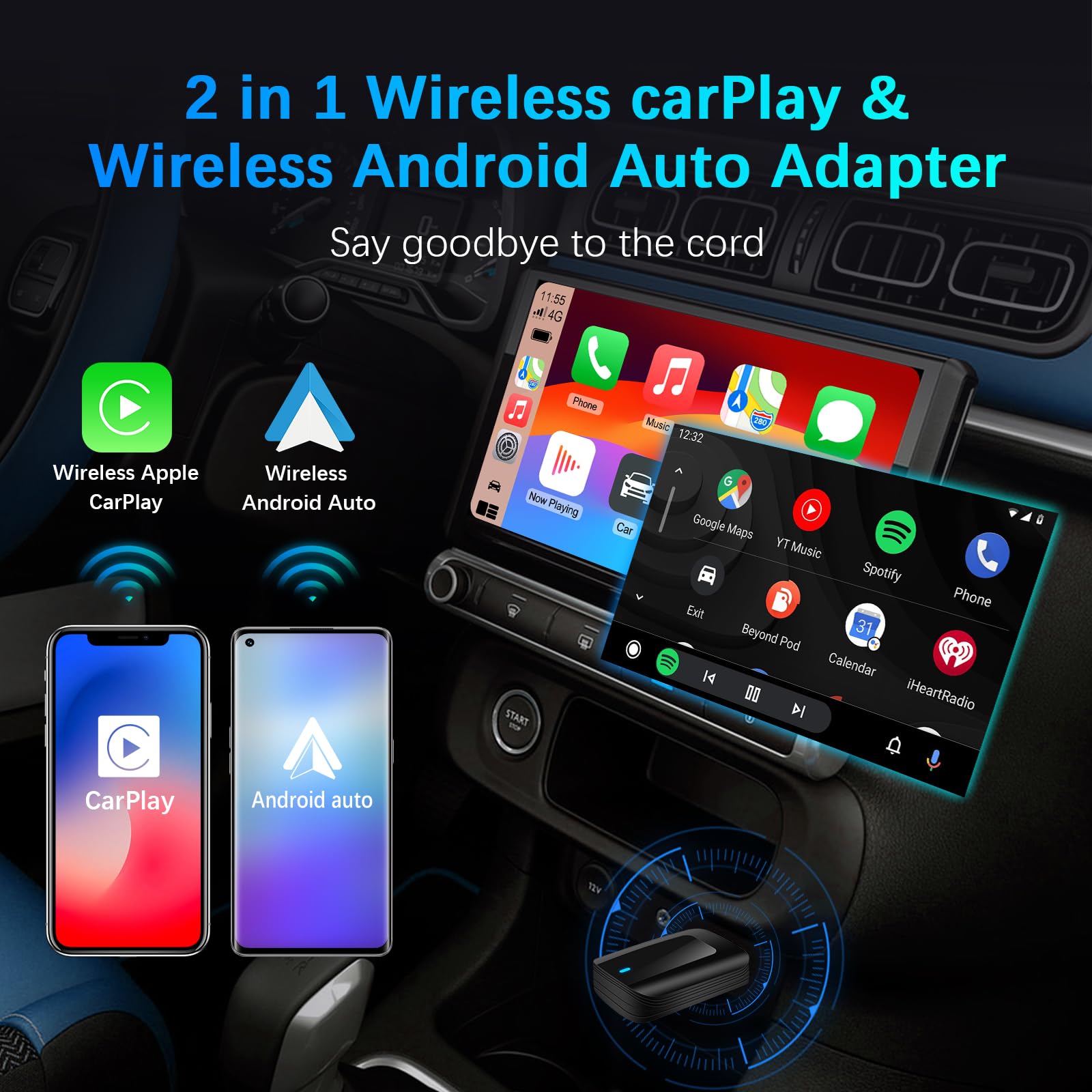 KAOLALI Wireless Carplay & Android Auto Adpater 2 in 1 für Werkseitig Verkabelte Wireless CarPlay Dongle Konvertiert Kabelgebunden zu Kabellos für Autos, Plug and Play, für iOS 10+, Android 11+