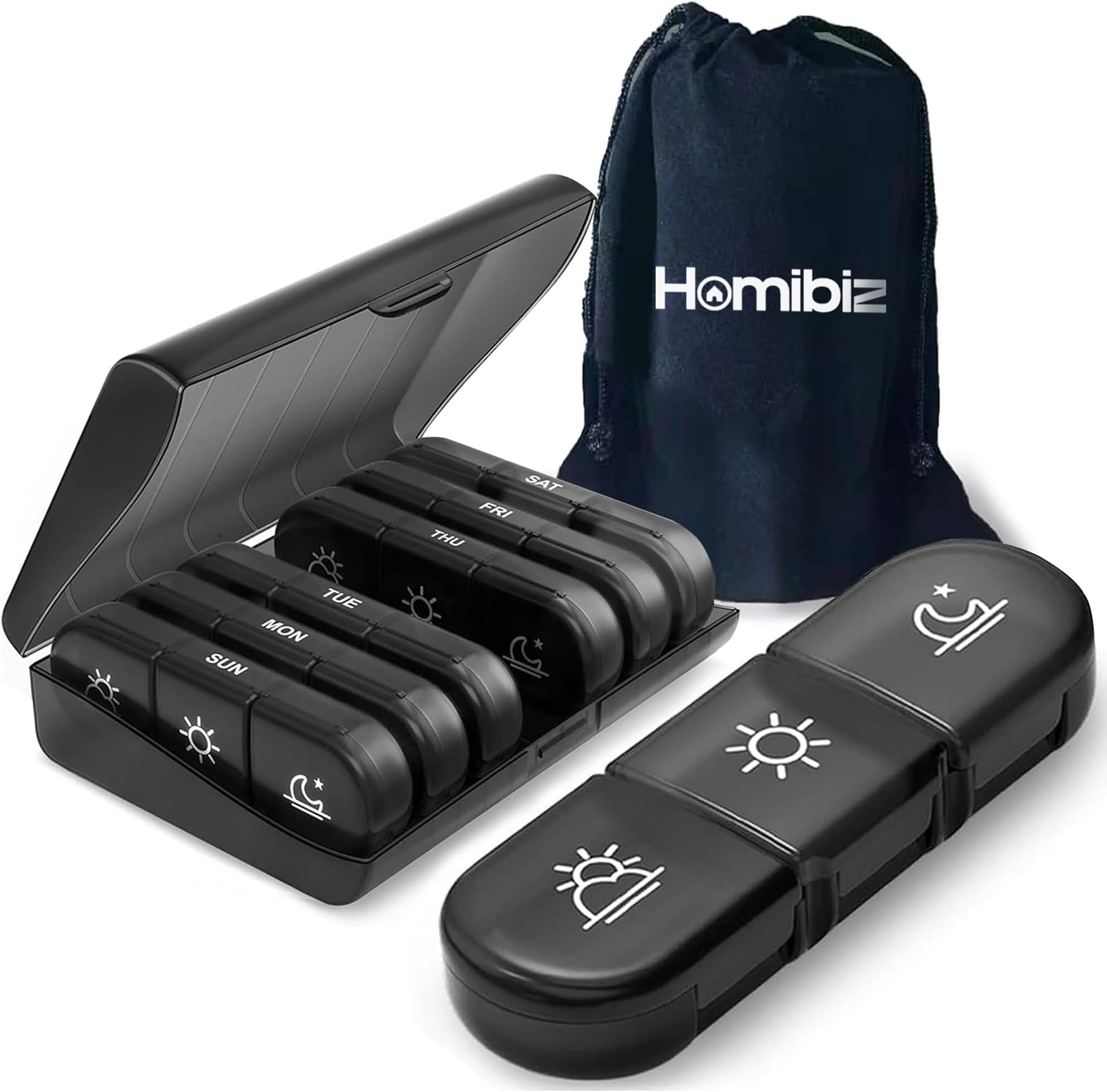 HOMIBIZ Portable Pill Organizer - 3 Daily Compartments for a Week - Travel-Friendly, Light-Resistant Pill Box - Ideal for Vitamins, Medication, Supplements (Black)