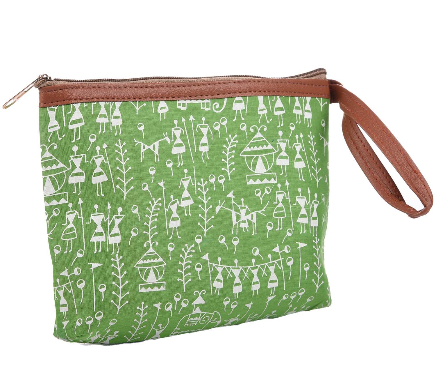 Kuber Industries Toiletry Pouch|Warli Print Travel Cosmetic Pouch|Canvas Waterproof Makeup Pouch with Handle (Green)-image-46