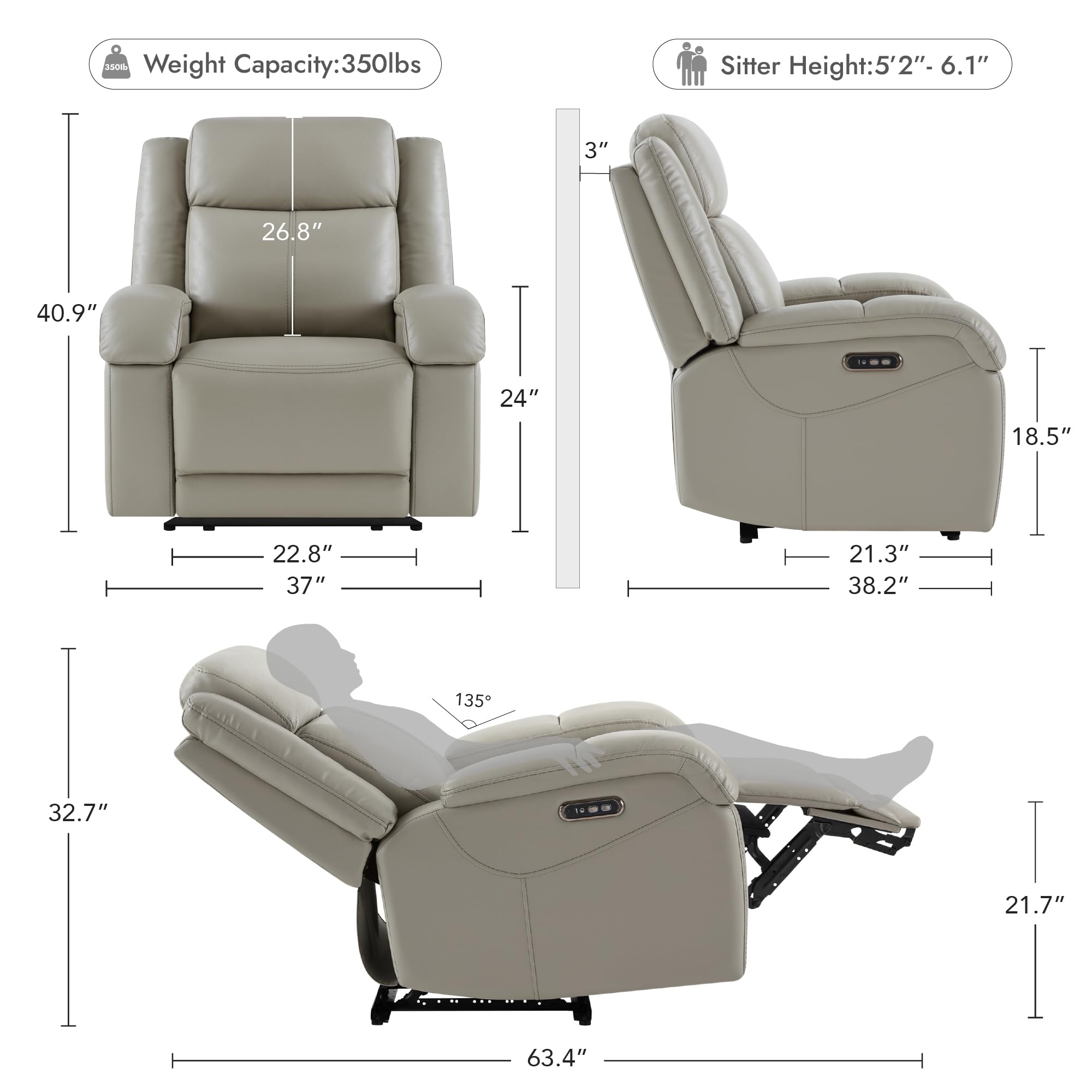 Watson & Whitely Sillas reclinables eléctricas de piel auténtica para adultos, reclinables de pared con reposacabezas eléctrico y puertos de carga, sofá reclinable eléctrico para sala de estar, color
