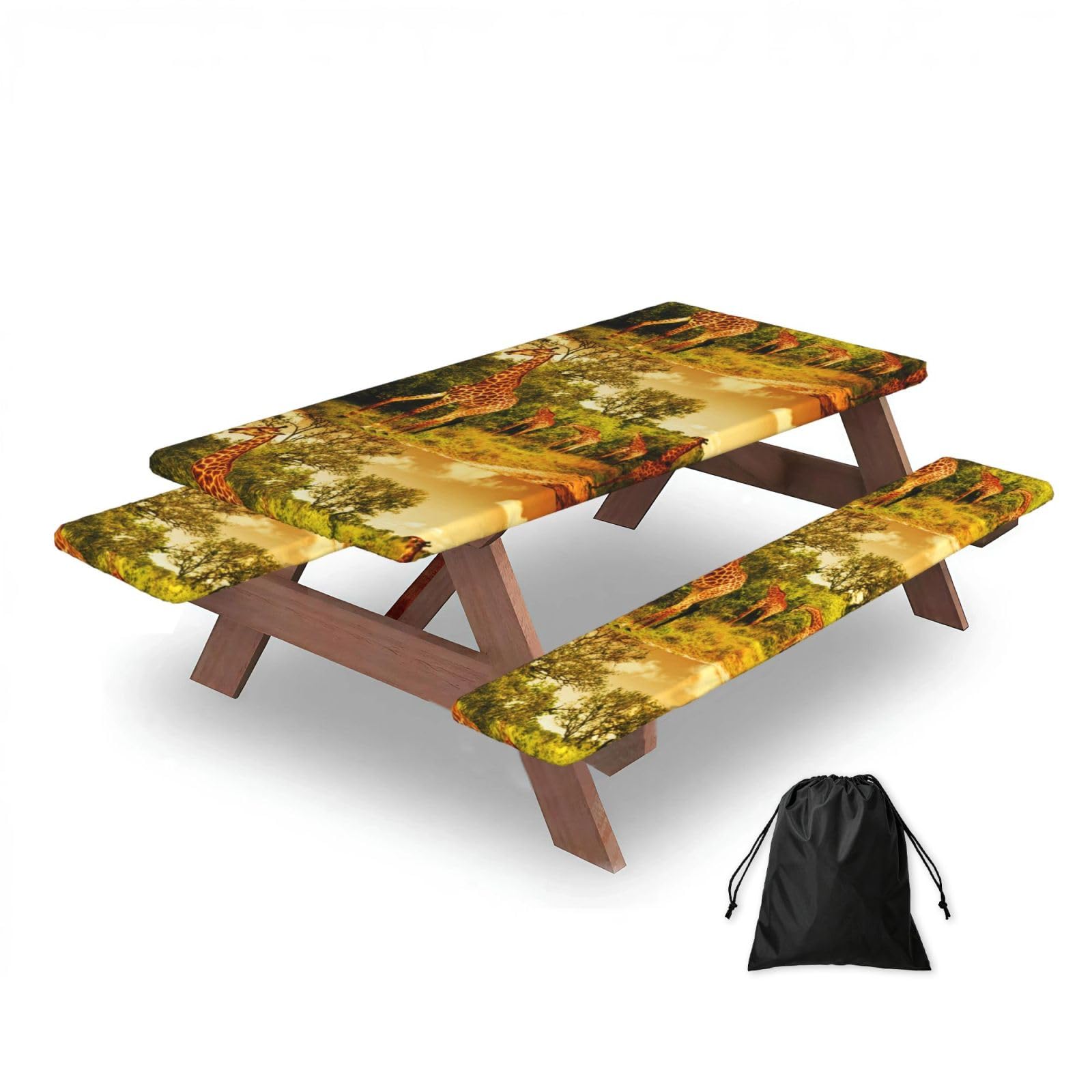 Dopklna As Picture Wild Giraffe, Picnic Table Cover With Bench Covers -Waterproof Elastic Fitted Tablecloth For Garden Camping Patio 76X152cm