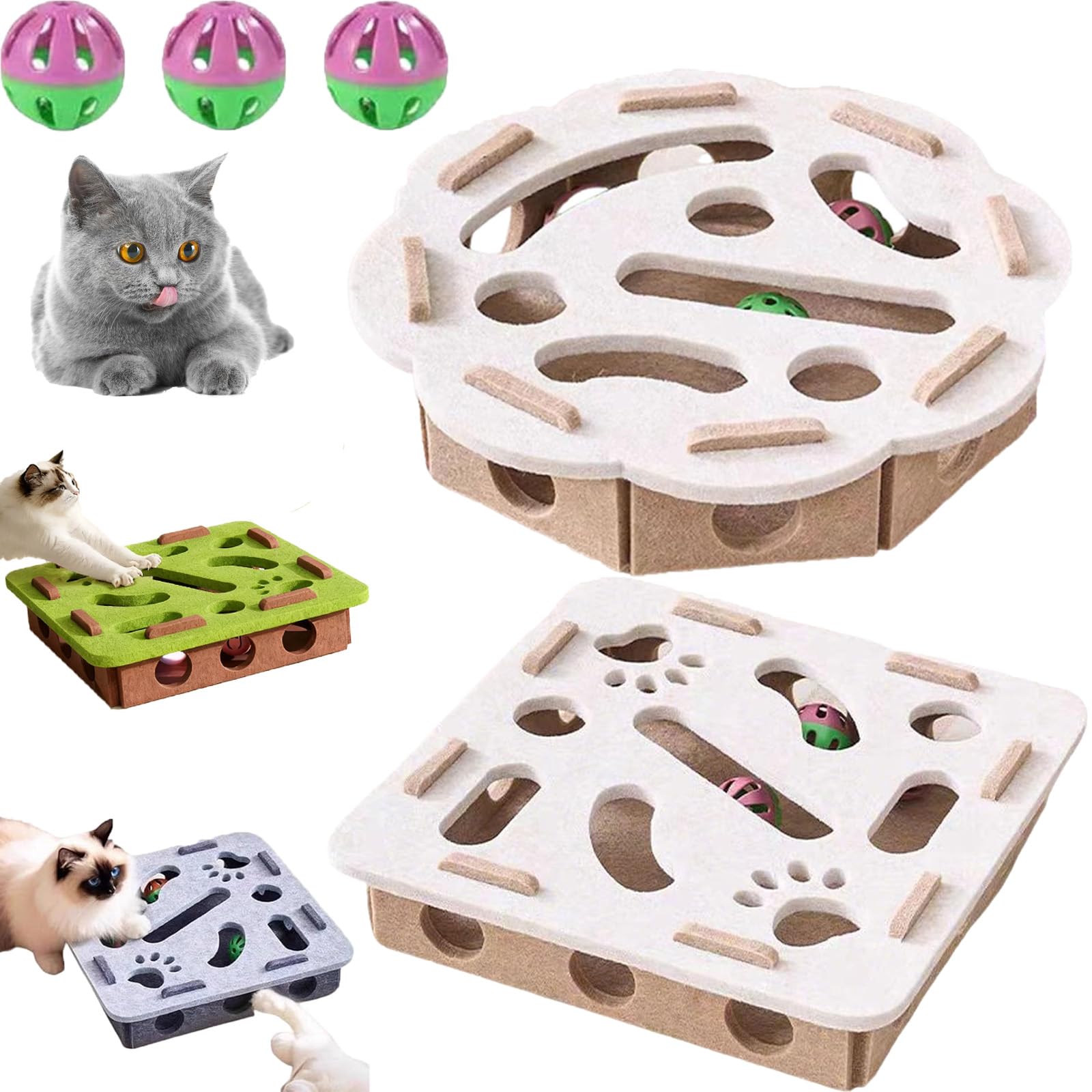 fjaldjfu Cat Scratch Puzzle Enrichment Box, 2026 New Cat Puzzle Felt Maze Box Cats Toys, Interactive Cats Nail File Scratch with 3 Bell Balls, Stimulate Kittern Energy and Instincts (White-2pcs)
