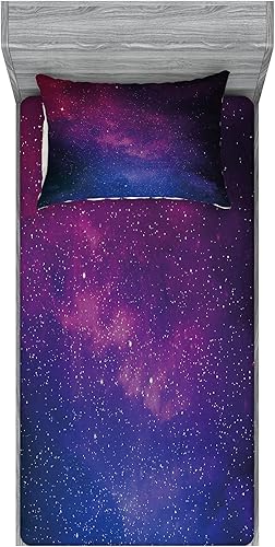 Ambesonne Juego de sábanas bajeras y fundas de almohada, nebulosa rosa y azul en cielo nocturno estrellado, ciencia espacial, astronomía mundial,