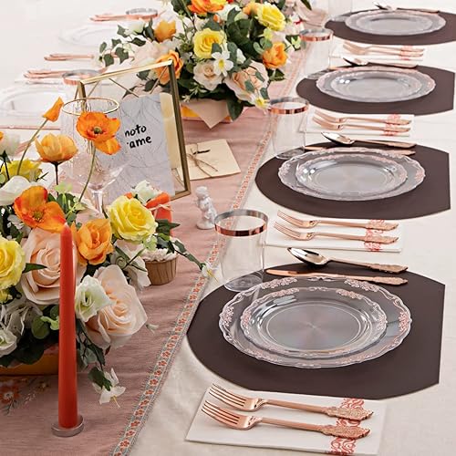 Miniatura 8 de LIYH - 210 platos de plástico transparente y oro rosa con cubiertos desechables de oro rosa que incluyen 30 platos de cena, 30 platos de ensalada,