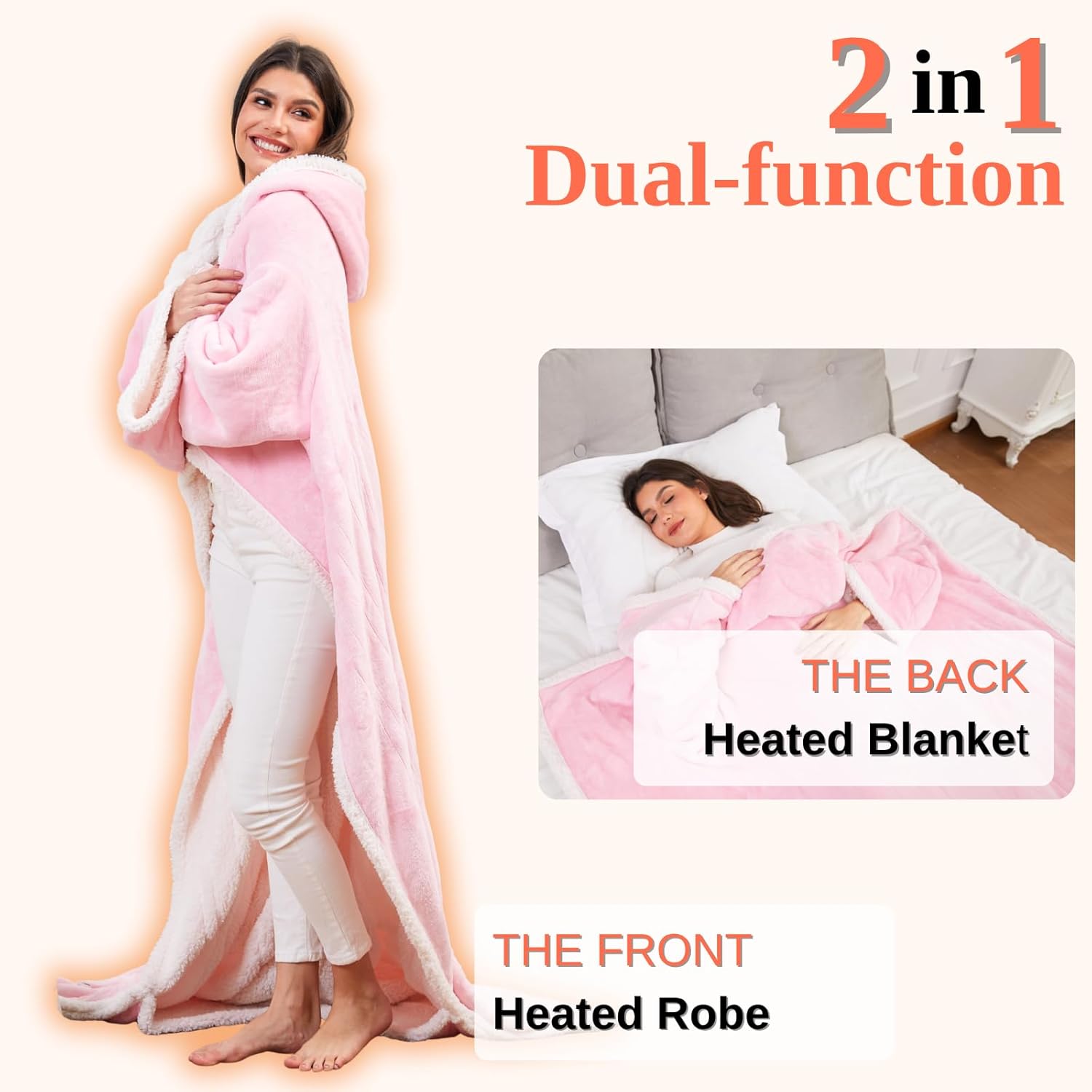 Wearable Heated Blanket with Foot Pocket Sleeves, Heated Robe Heated Snuggie, 6 Heating Levels 4 Hours Auto-Off, Overheat Protection Machine Washable, 50”x70”, Pink - Image 5