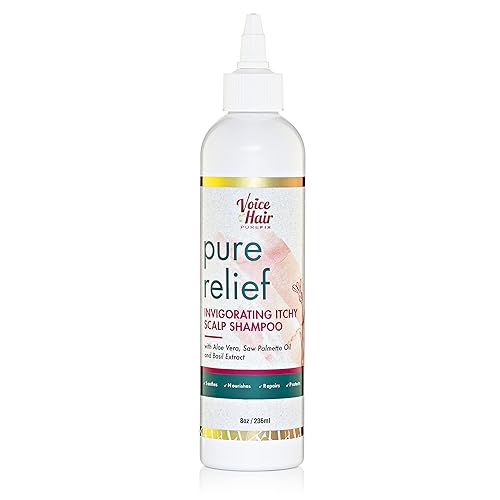 Voice of Hair Pure Relief - Champú vigorizante para el crecimiento y la picazón del cuero cabelludo, seguro para cabello tratado químicamente y