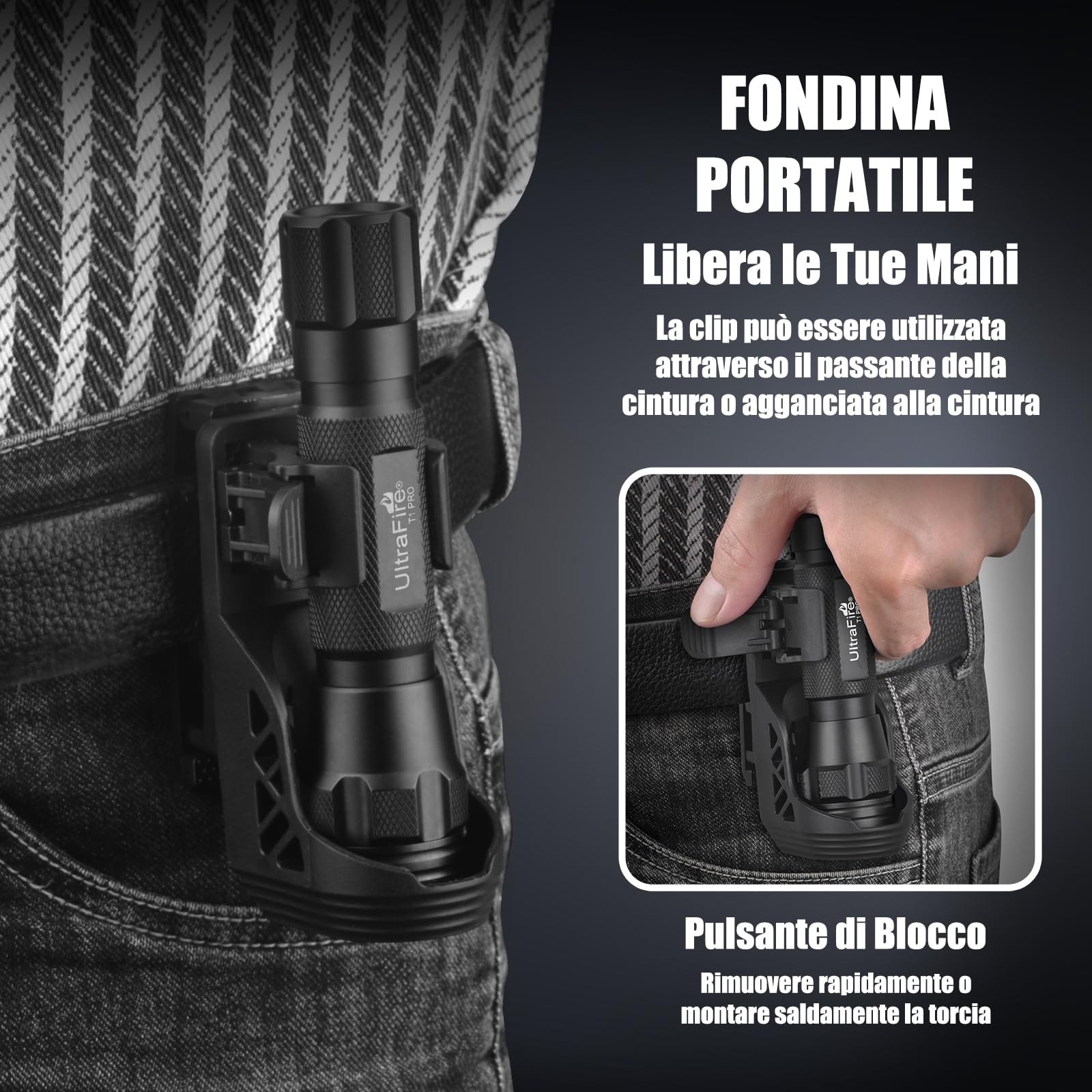 ULTRAFIRE Torcia tattica a LED con custodia da cintura, piccola torcia da 1000 lumen, modalità unica, con supporto per torcia da cintura da lavoro, torcia della polizia per forze dell'ordine