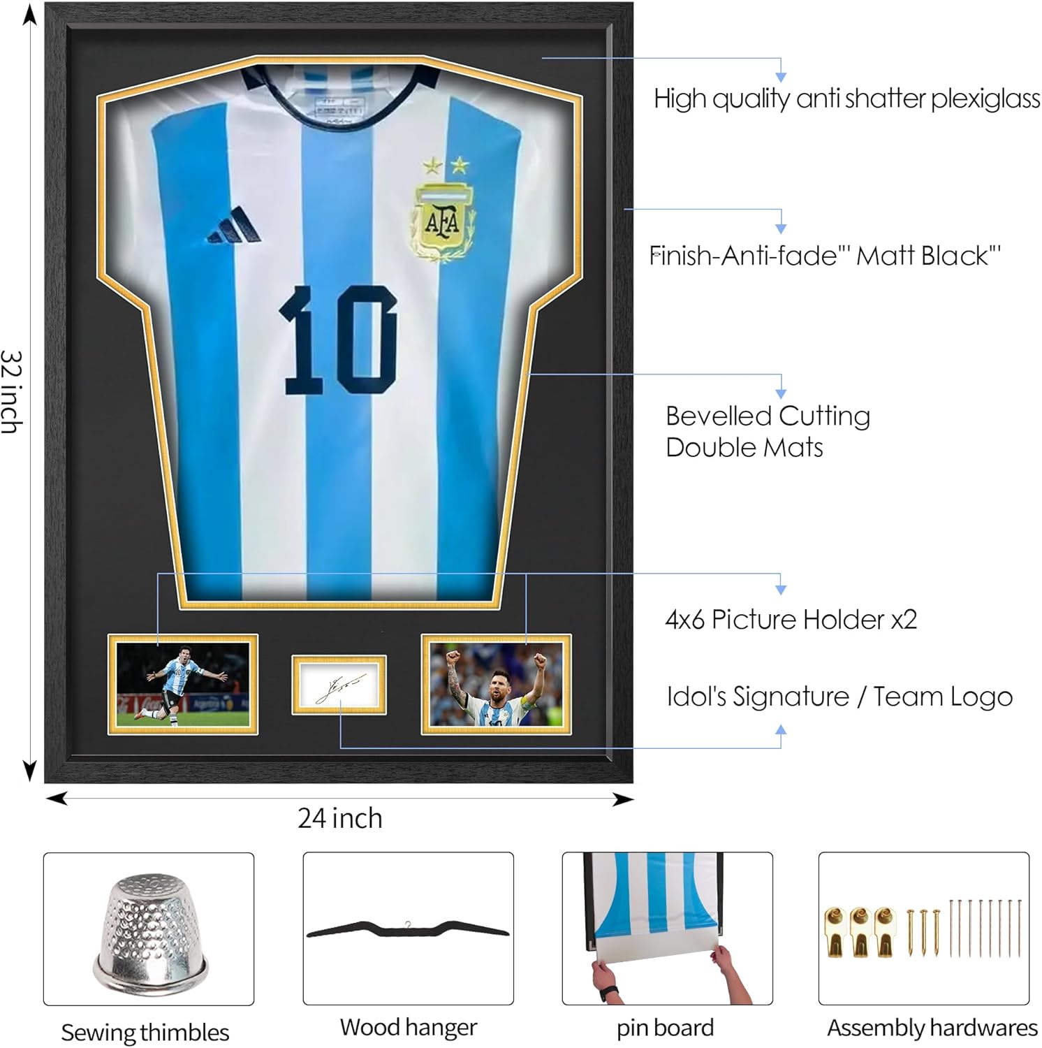 Sports Jersey Display Frame, 24 x 32 inches Display Case for Soccer Football Baseball Hockey Souvenir T-Shirt, Double Mat with Anti-Shatter Plexiglass (Black Wood grain-1PK) - Image 3