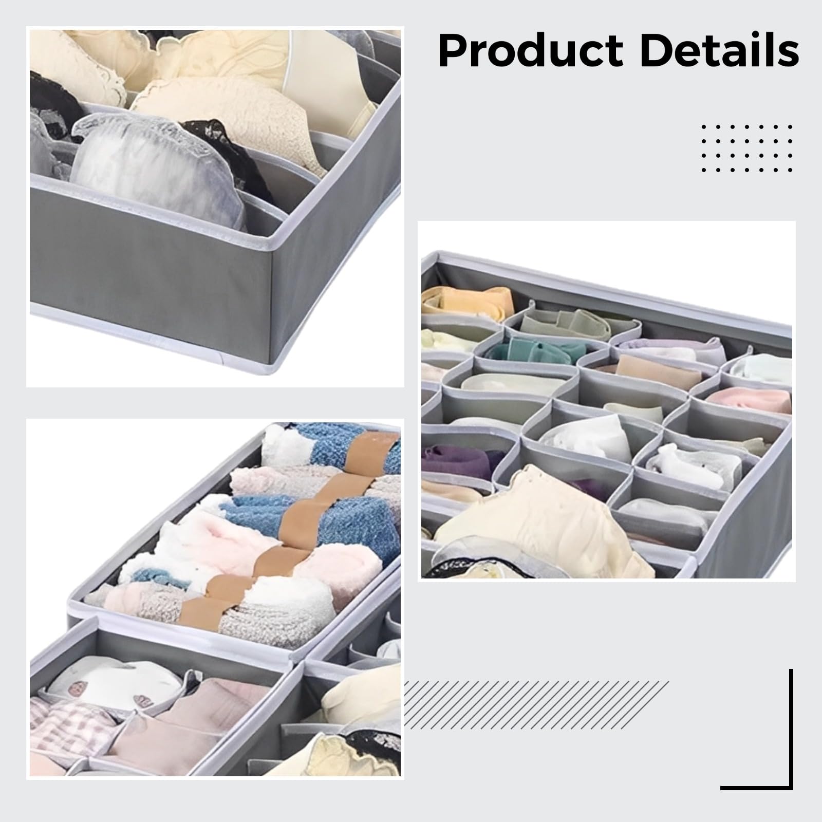Lot de 4 organiseurs de tiroir, organiseur de chaussettes en tissu non tissé pour tiroir, organiseur pour tiroir à sous-vêtements, organiseurs de placard pliables, avec compartiments, gris