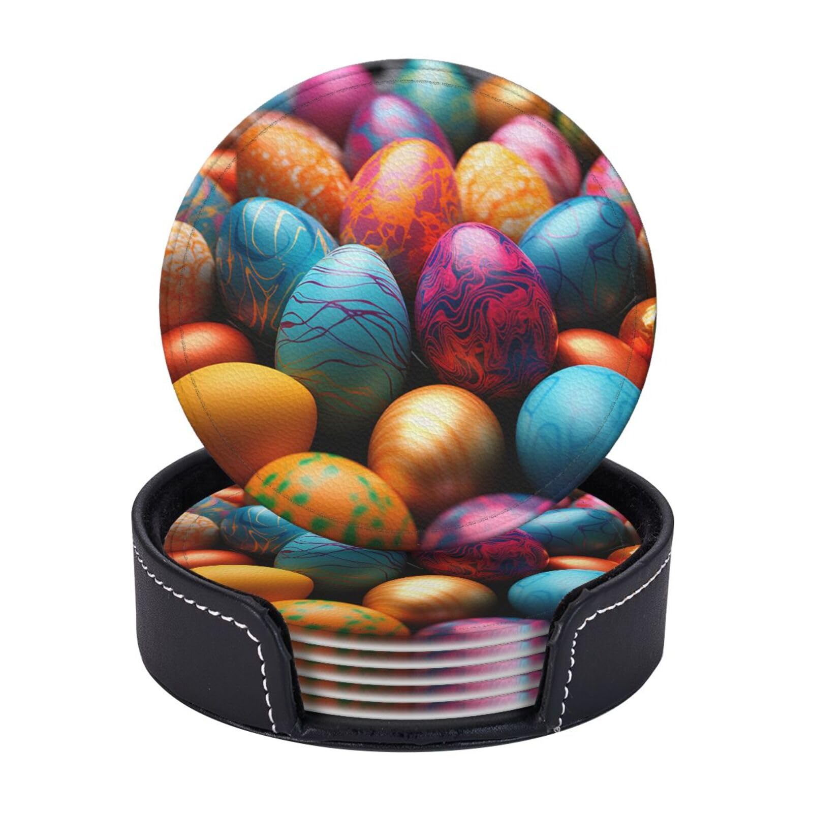 6Pcs PU Leather Coaster for Drinks, Easter Day Colorful Eggs Cup Coasters with Holder, Aesthetic Drink Coasters for Coffee Table, Round Coaster for Tabletop Protection 4" Cup Mat Pad