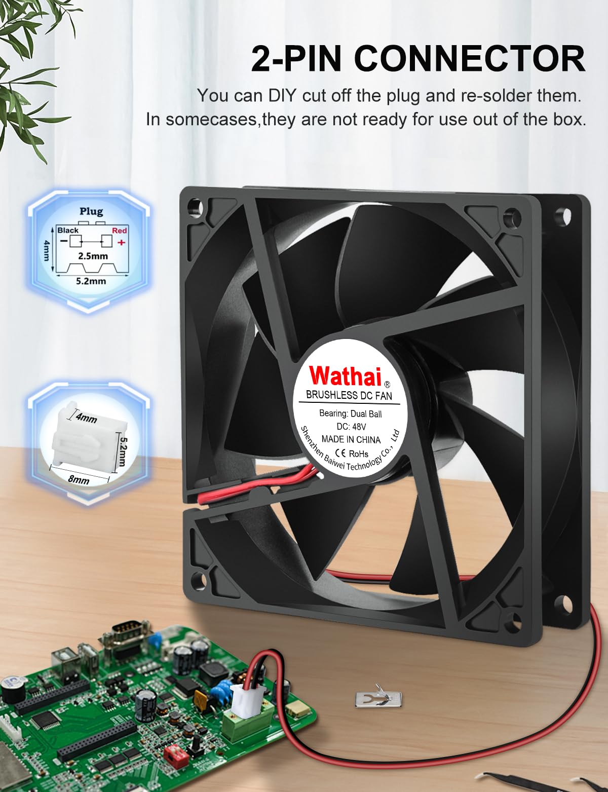 Wathai 2 ventiladores de refrigeración sin escobillas 9225 de 48 V y 92 mm de CC, 2 pines, 92 x 92 x 25 mm, doble bola, alto flujo de aire para estaciones base de telecomunicaciones, mini PC