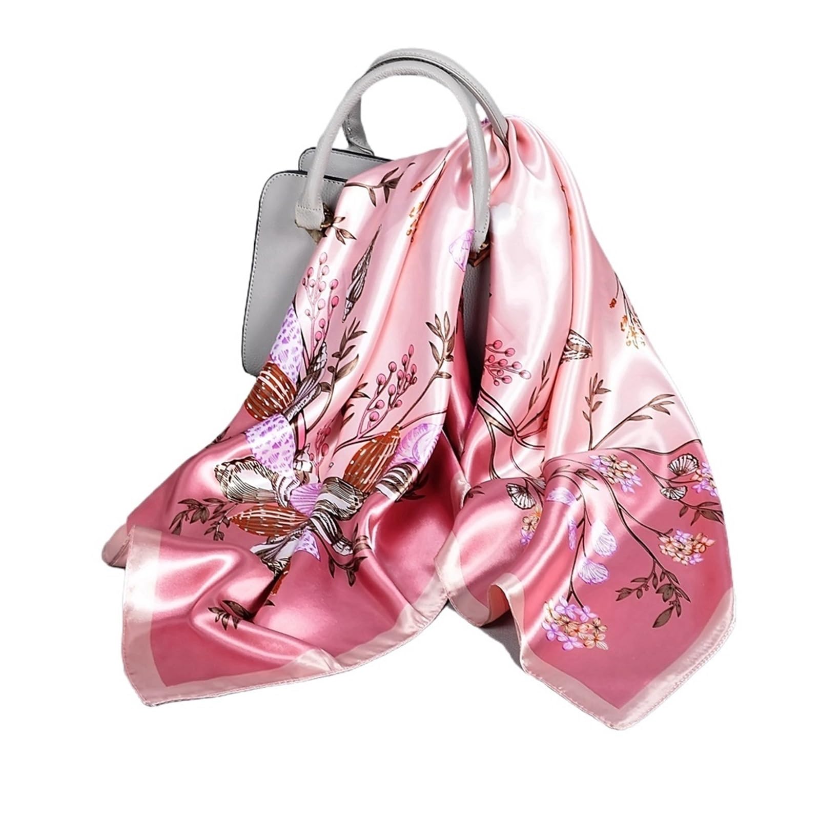 Khascbnf Women's Pink Floral Silk Scarf Silk Shawl Scarf Fashion Elegant Floral Square Satin Scarves Neck(Pink Floral)