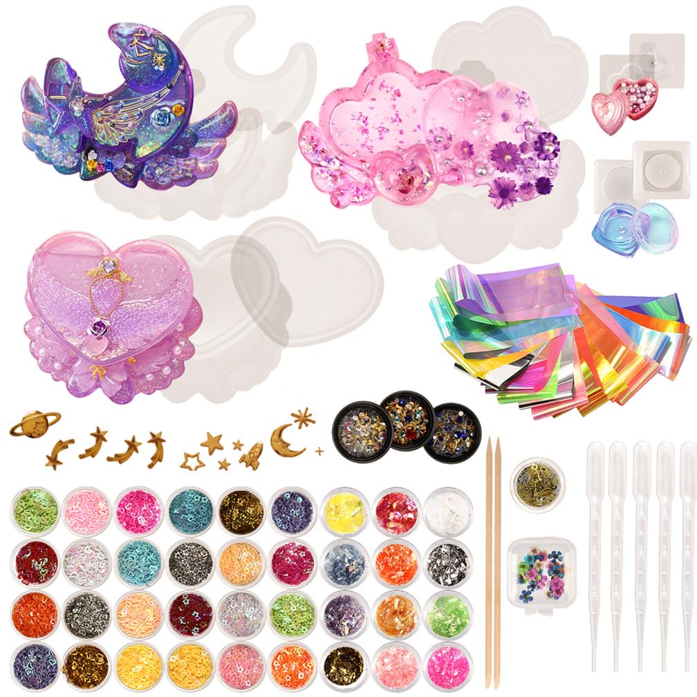 Musykrafties Clear Trinket Box With Lid Resin Silicone Mould Set Jewellery Making 74 Kits Glitter Confetti Mermaid Pearl Iridescent Flims Pipettes Droppers Wood Sticks