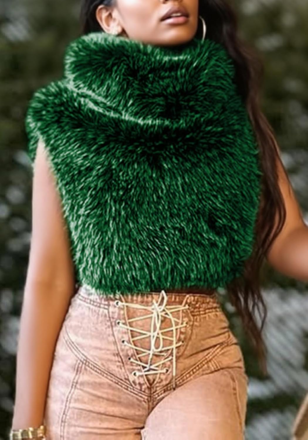 LKOUS Women's Furry Vest Top Sleeveless Pull-On High Collar Shaggy Warm Faux Fur Cropped Jacket Winter Clothes - Image 2