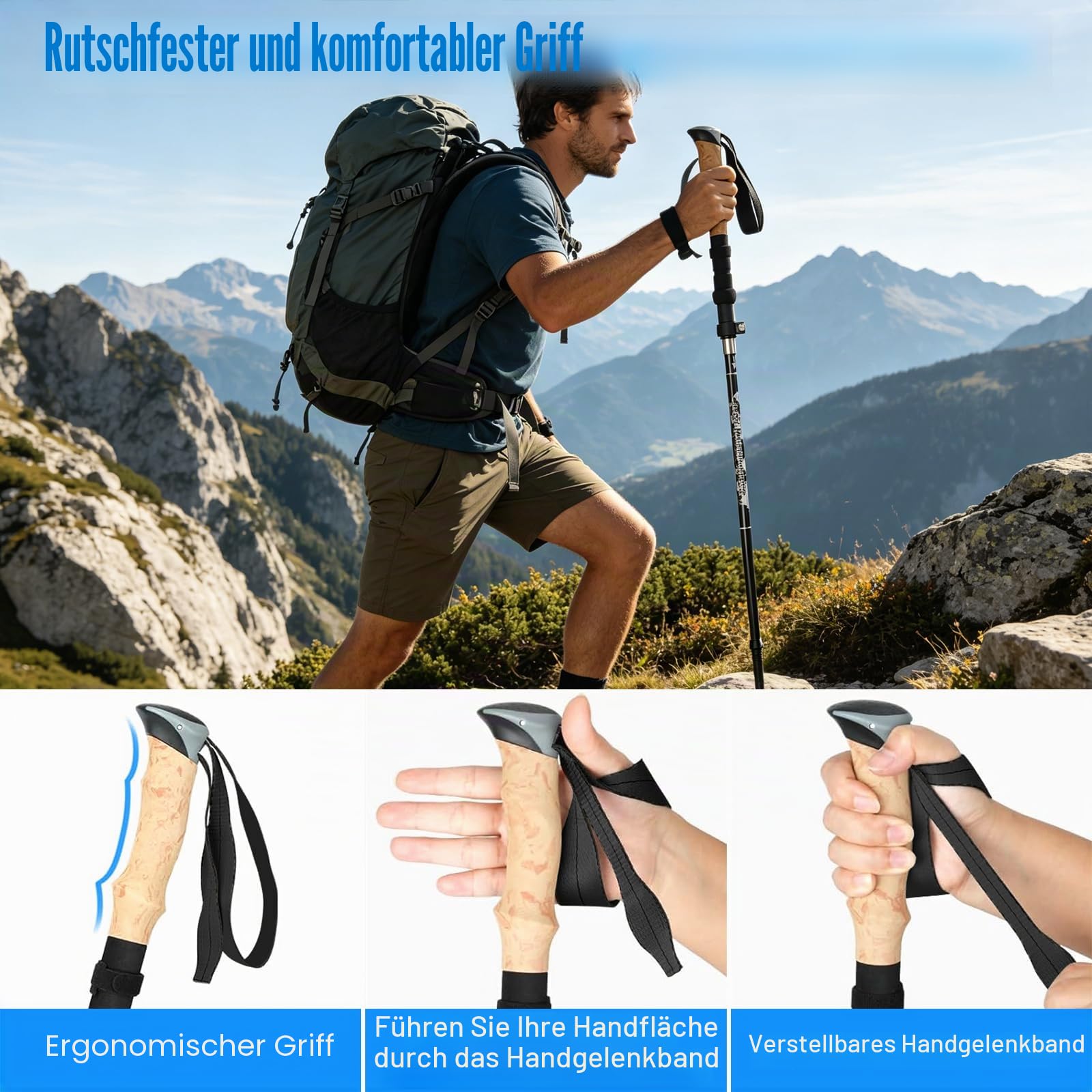 Wanderstöcke, Faltbar, Teleskopstöcke (110-130 cm), Ultraleichte Alu Trekkingstöcke oder Carbon, Walking Stöcke mit Korkgriff für Nordic Walking, Hiking Poles Klappbar für Skifahren & Bergsport