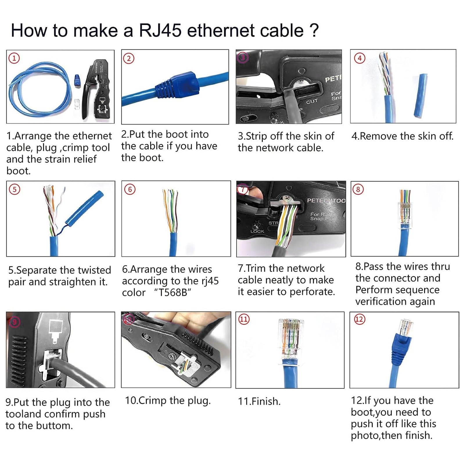 RJ45 Crimpatrice con Pass, Through Design, Crimpatrice Ethernet per Cat5, Cat5e, Cat6 con tester per cavi di rete e spelafili