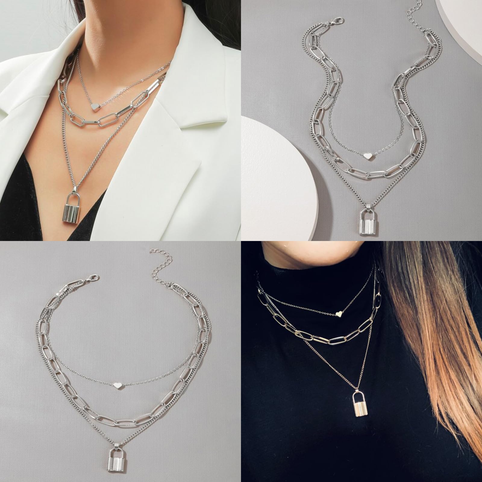 Joyas de Mujer - Set de 18 Piezas: Brazalete Dorado, Cadena y Collar Plata, Gargantilla y Choker Dorado, Bisutería, Joyería y Colgante para Mujeres, Plata — view 5