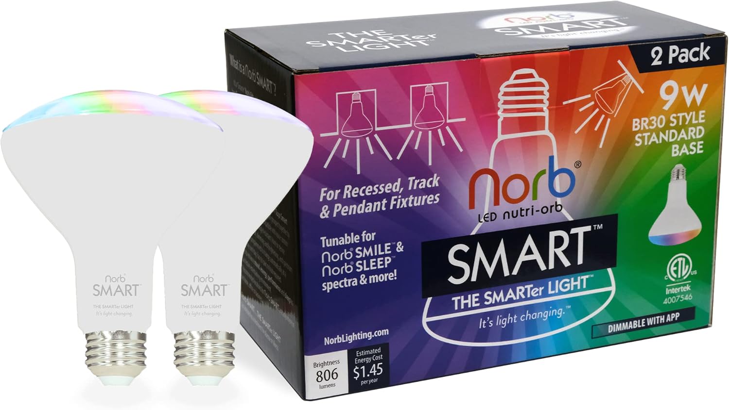 Norb SMART Light Bulb, Tunable Wellness Circadian Rhythm LED, Full Spectrum White & Color Changing, Alexa & Google Home Compatible, Dimmable, BR30, 9W, for Home Automation, WiFi, Bluetooth (2-Pack)