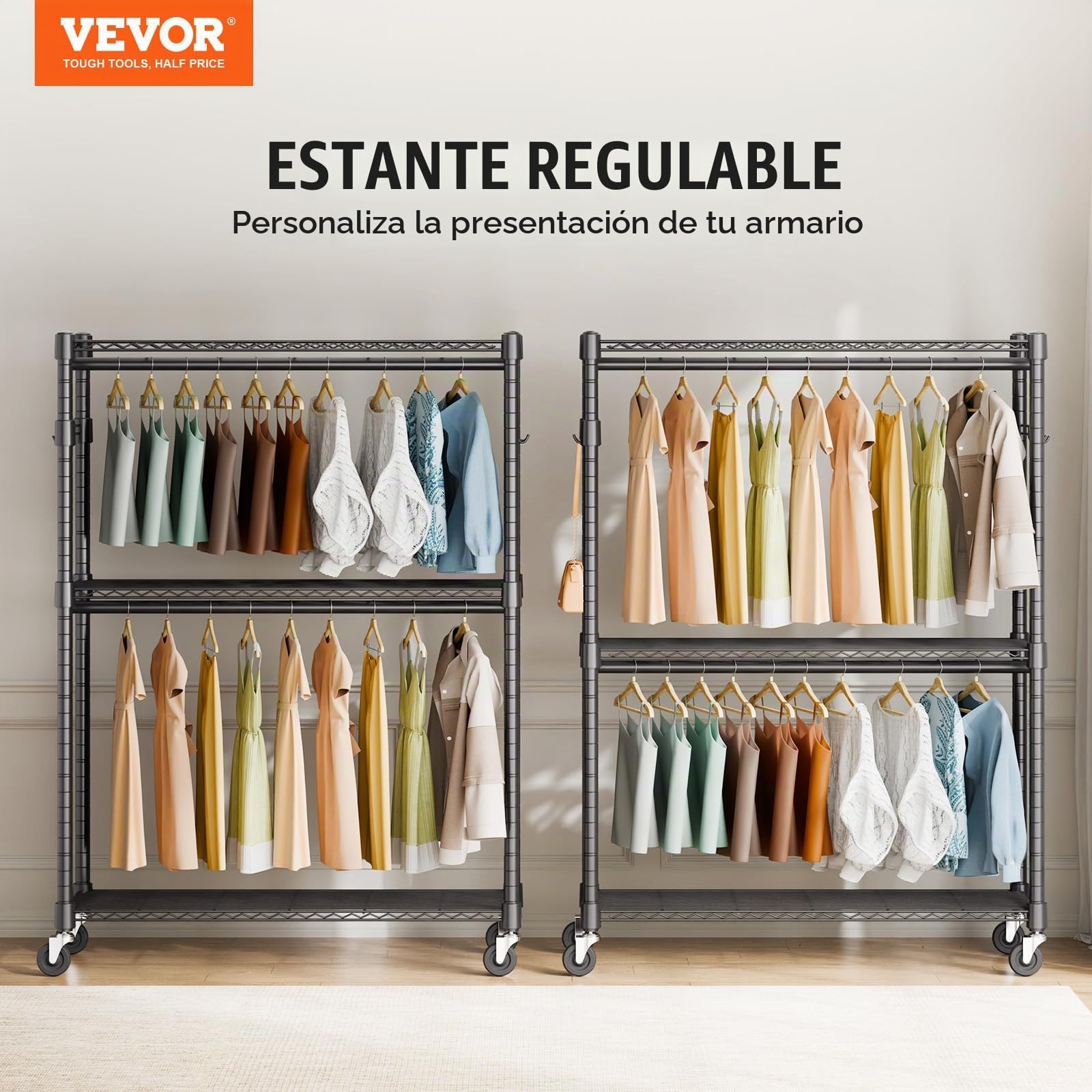 VEVOR Perchero Burro para Ropa con 4 Ruedas de 2 Barras 3 Estantes 2 Soportes Laterales Perchero de Acero Carga de 182 kg Perchero de Pie 1162 x 450 x 2040 mm para Almacenaje de Ropas en Dormitorios