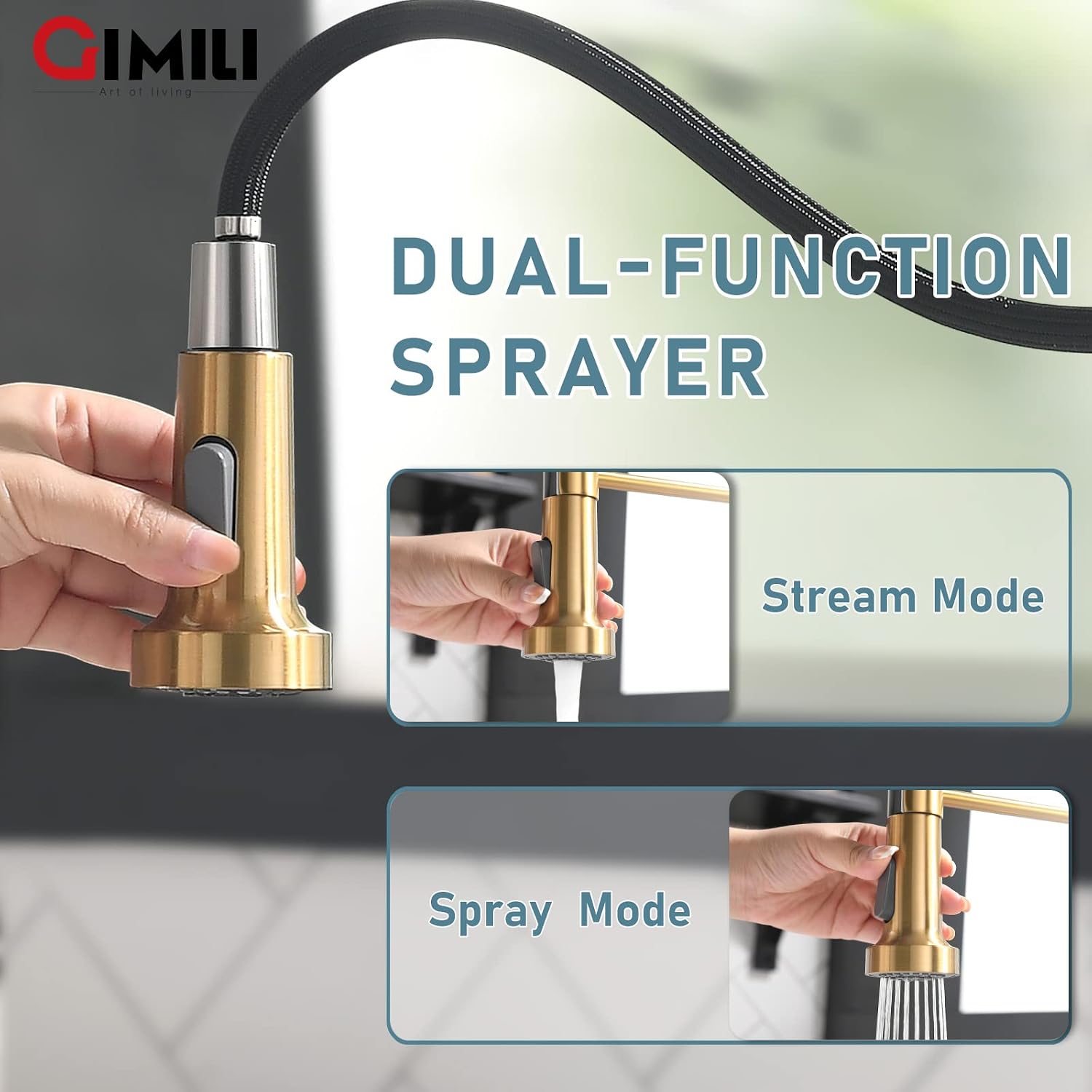 GIMILI Gold Kitchen Faucet with Soap Dispenser Pull Down Sprayer | Modern Design, Single Hole Sink Faucet Suitable for Farmhouses, RV, Laundry Room, Outdoor, and Campers